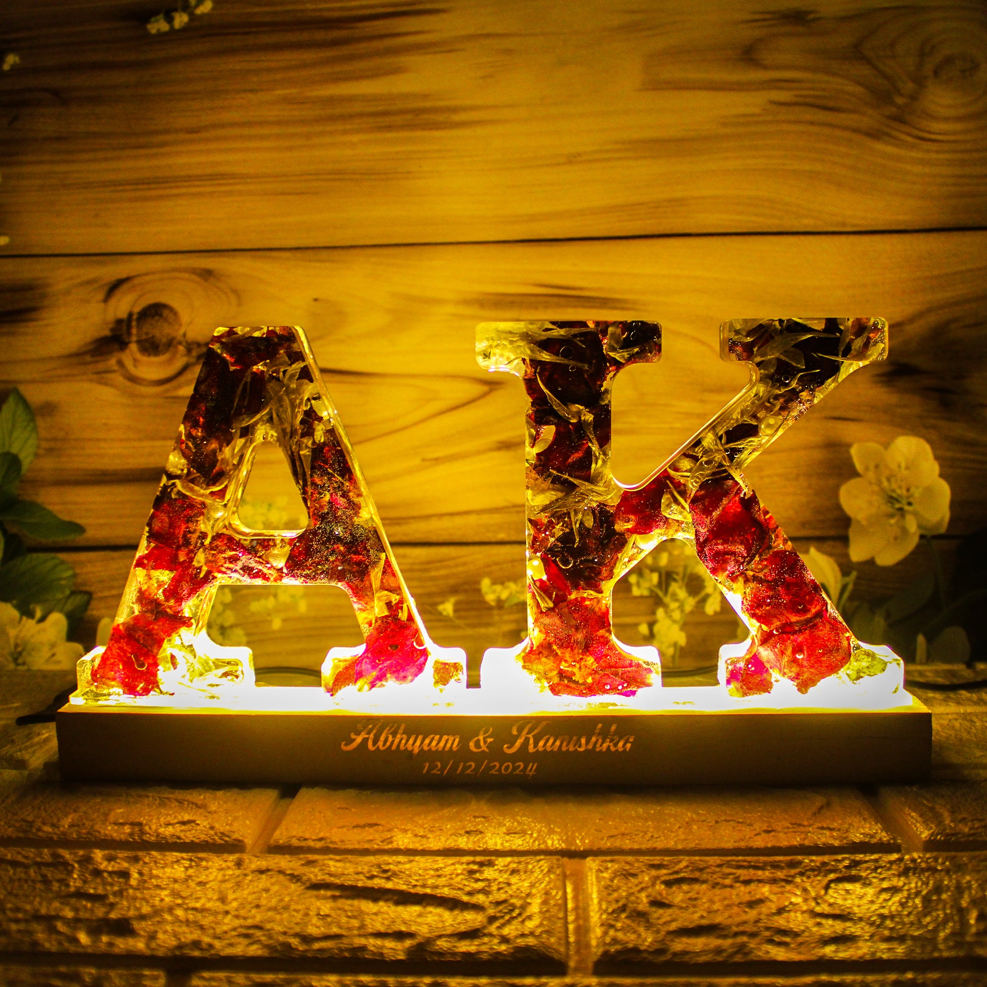 Petals of Love- Varmala/Flower Preservation Initial Led Lamp with pinewood stand- 6 Inches