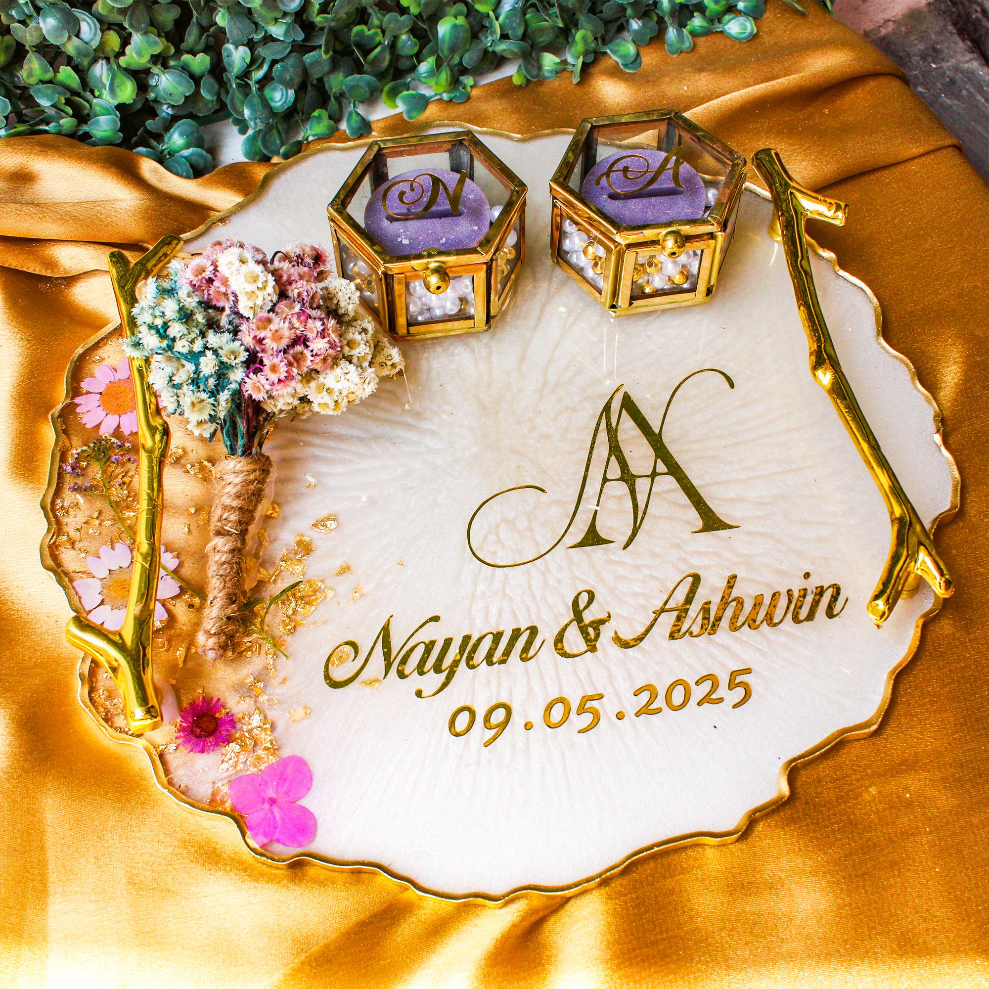 Rezica™ Royal Resin (Pearl White Themed) Wedding Engagement Ring Platter with 2 Premium Ring Boxes made with Real Dry Flowers (10 Inches)