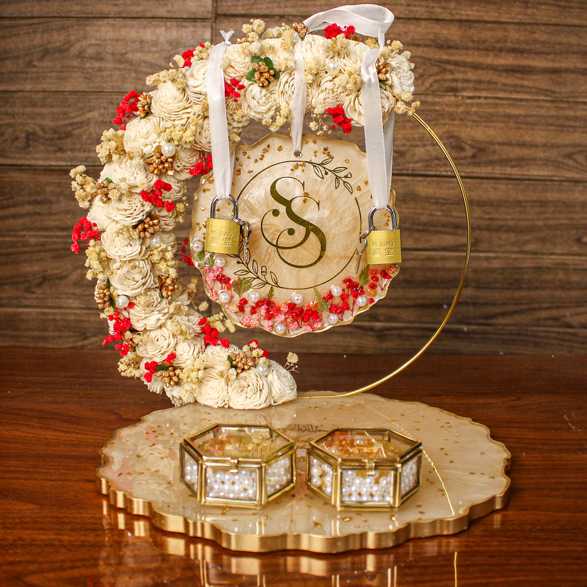 Rezica™ Royal Resin (Biege Red with Locks) Engagement Ring Platter with 2 Premium Ring Boxes and Heavy Flower Hoop