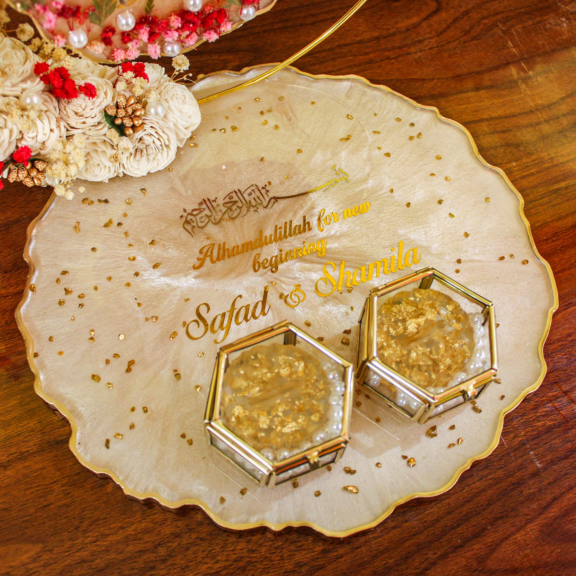Rezica™ Royal Resin (Biege Red with Locks) Engagement Ring Platter with 2 Premium Ring Boxes and Heavy Flower Hoop