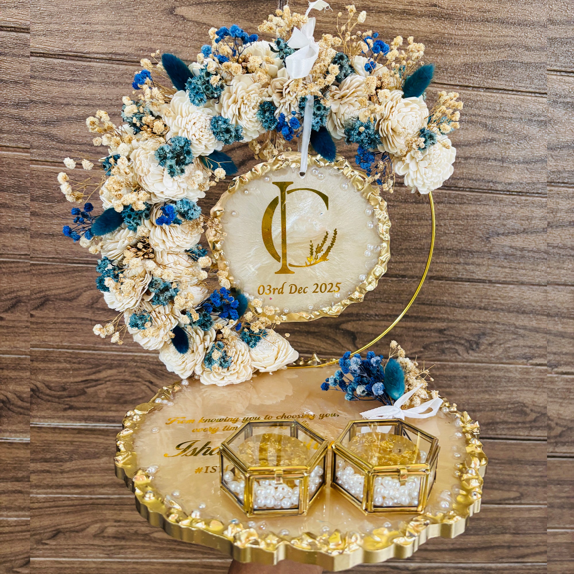 Rezica™ Royal Resin (Royal Midnight Sand) Engagement Ring Platter with 2 Premium Ring Boxes and Heavy Flower Hoop