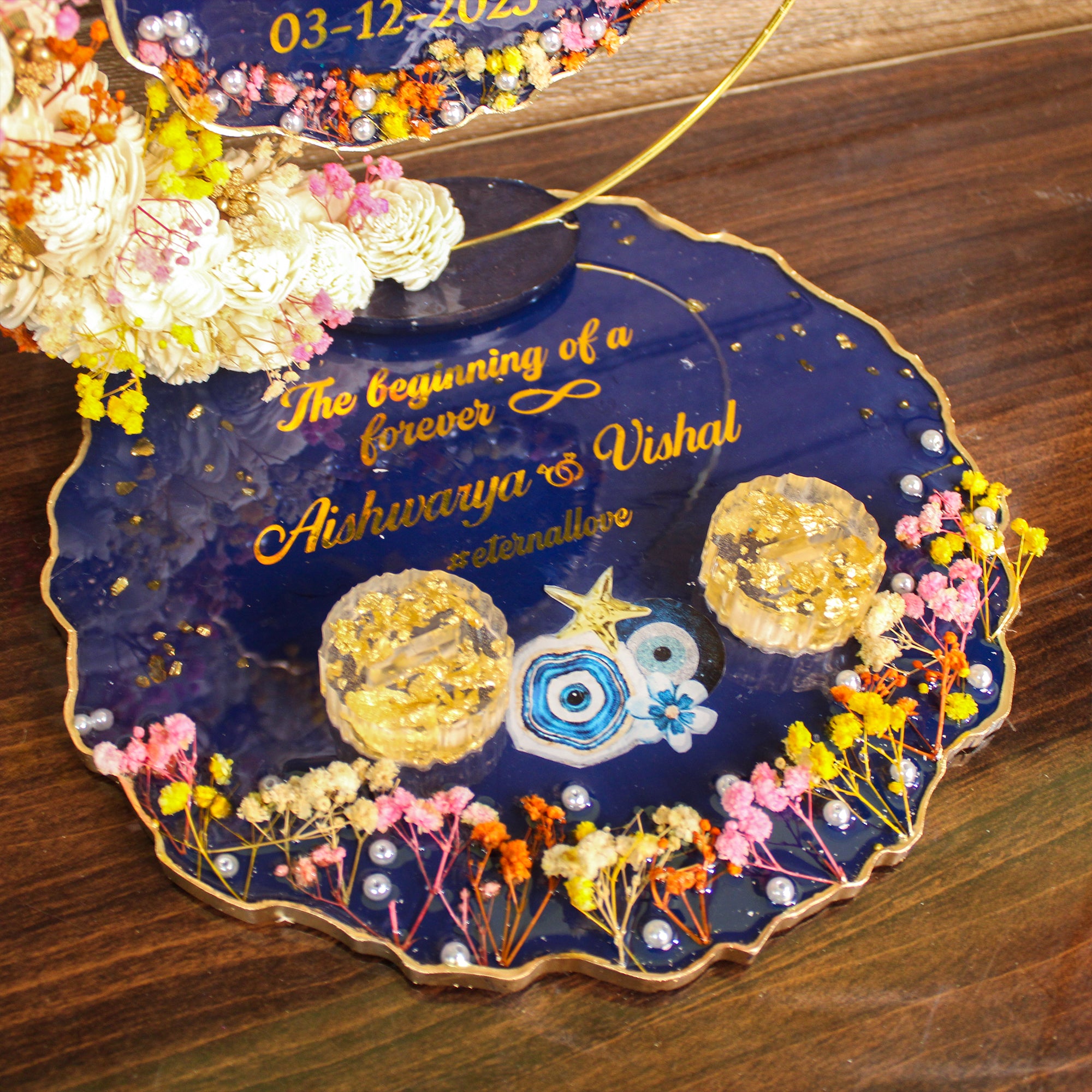 Rezica™ Royal Resin (Navy Blossom ) Engagement Ring Platter with 2 Premium Ring Boxes and Heavy Flower Hoop