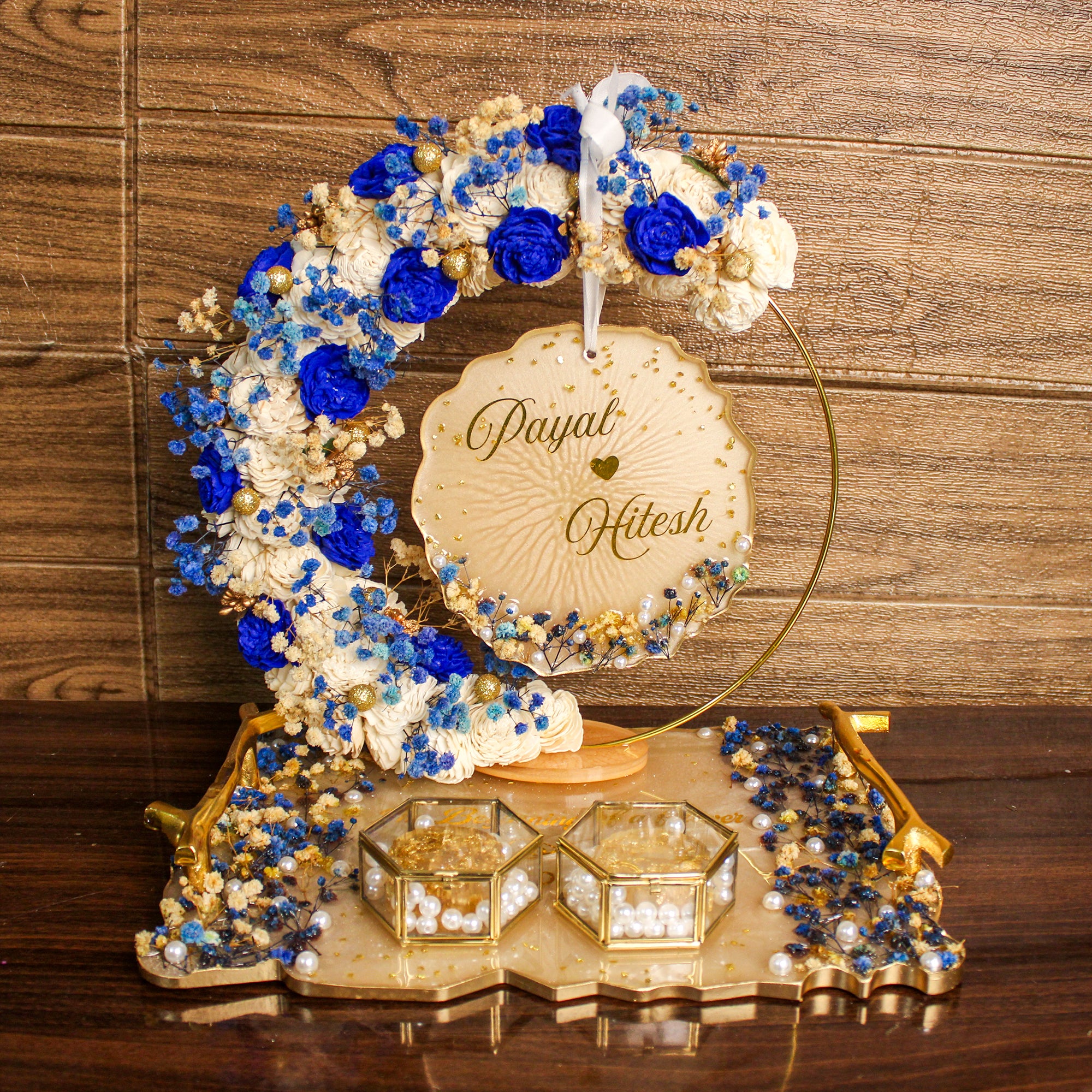 Rezica™ Royal Resin (Navy Aura) Engagement Ring Platter with 2 Premium Ring Boxes and Heavy Flower Hoop (9/12 Inches base)