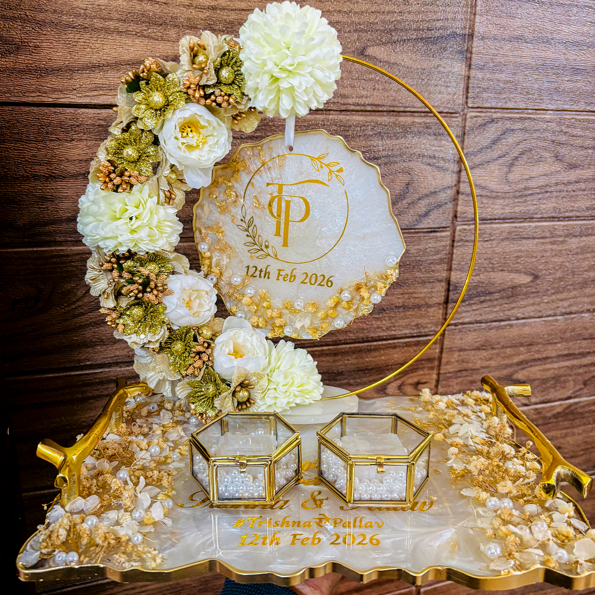 Rezica™ Royal Resin (White & Gold) Engagement Ring Platter with 2 Premium Ring Boxes and Heavy Flower Hoop & Handles