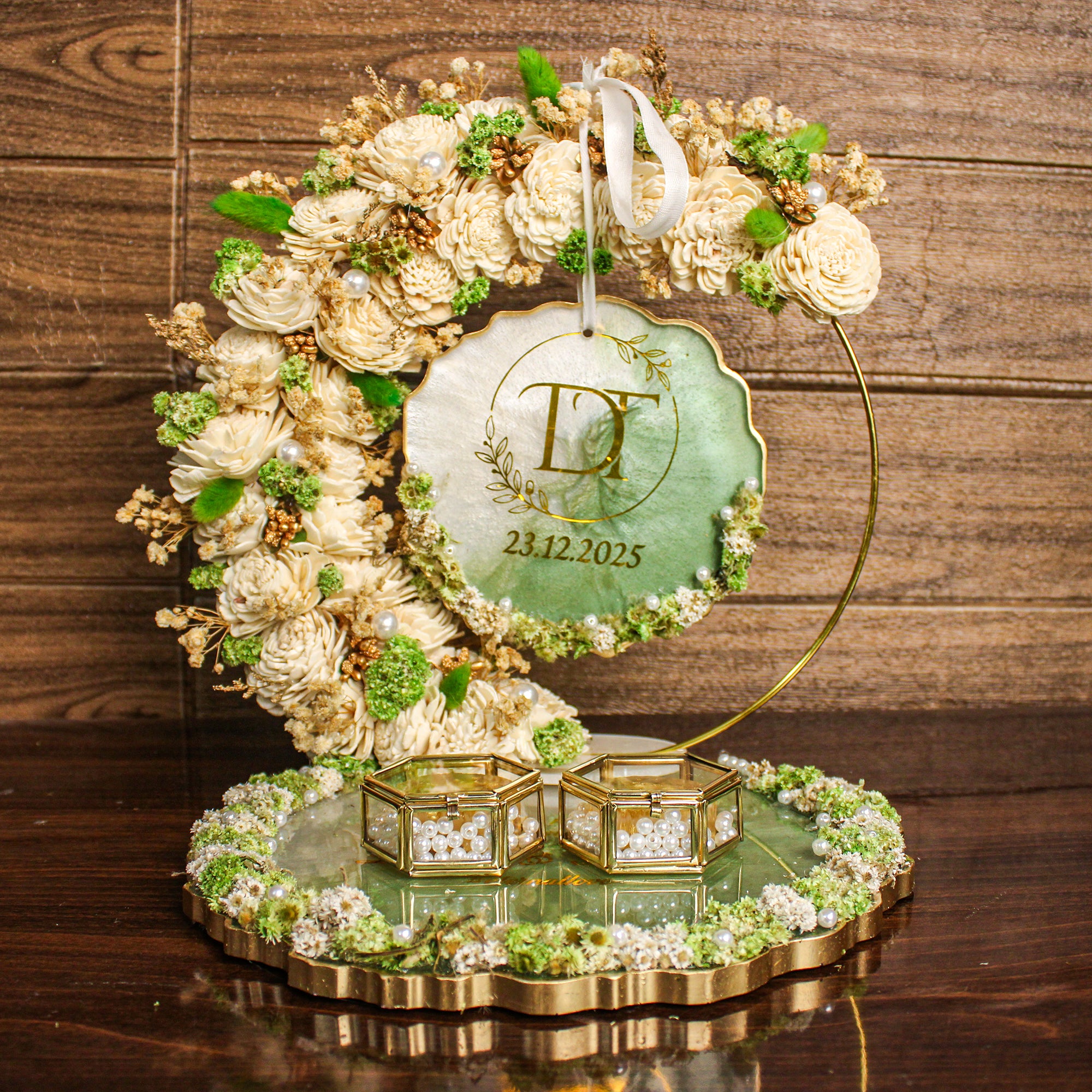 Rezica™ Royal Resin (Royal Green & White) Engagement Ring Platter with 2 Premium Ring Boxes and Heavy Flower Hoop