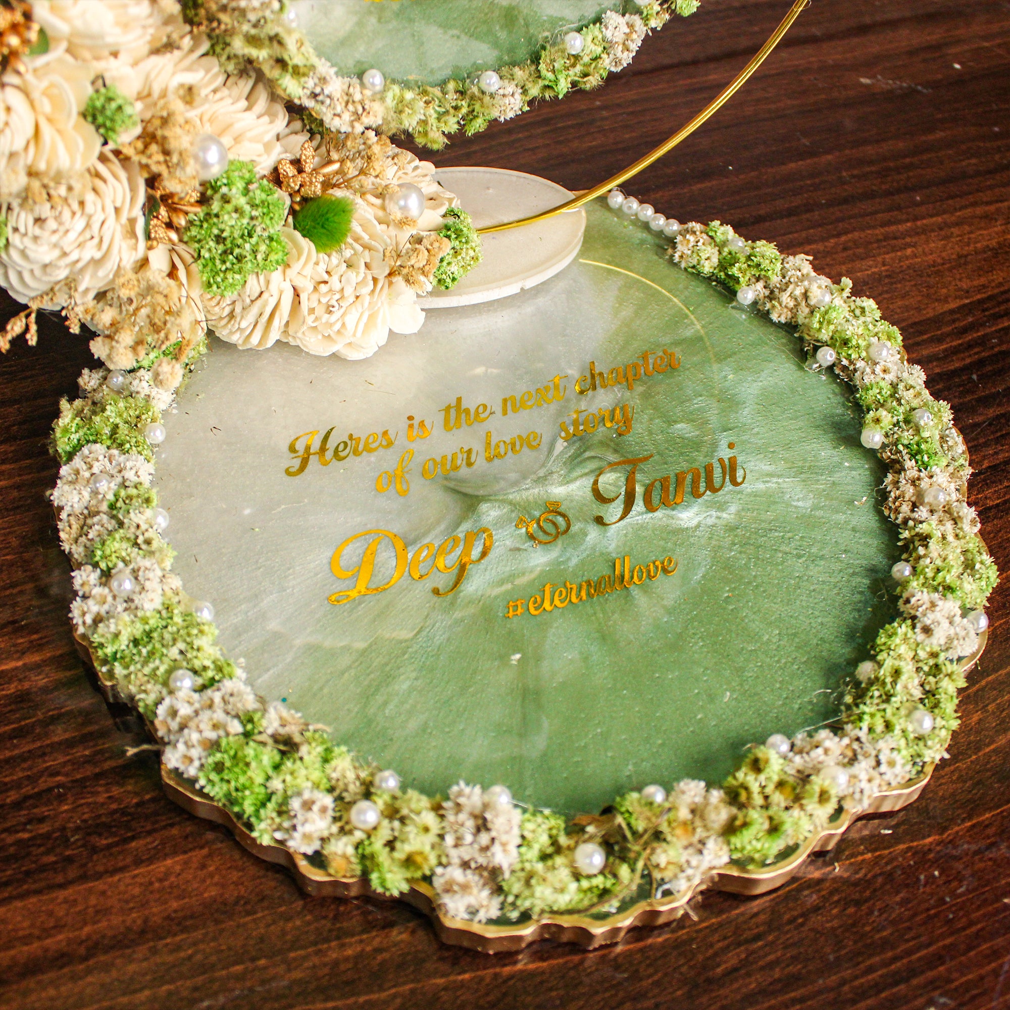 Rezica™ Royal Resin (Royal Green & White) Engagement Ring Platter with 2 Premium Ring Boxes and Heavy Flower Hoop