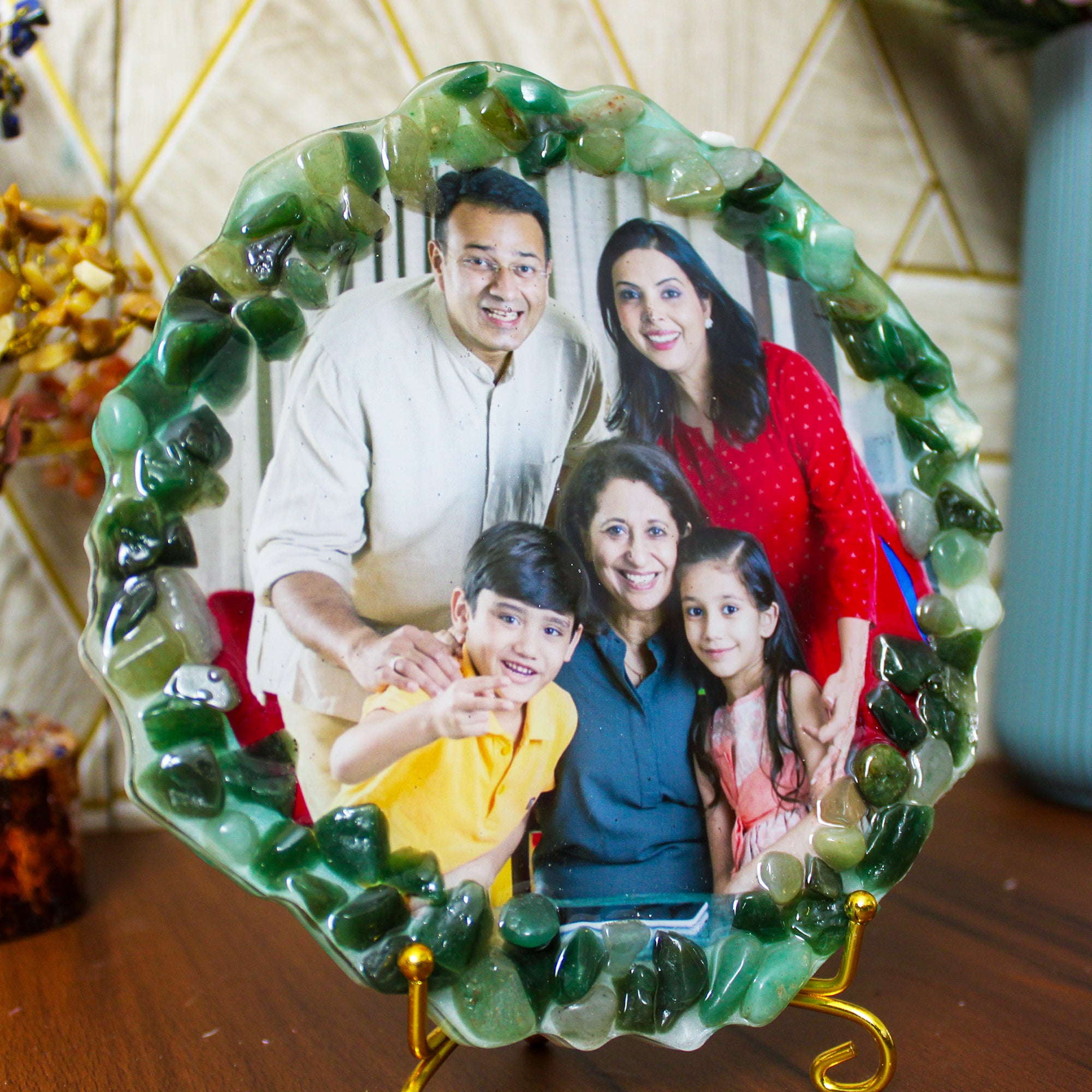 Verdant Aventurine Natural Stone Customized Photo Frame 6 Inches with Golden Metal Stand