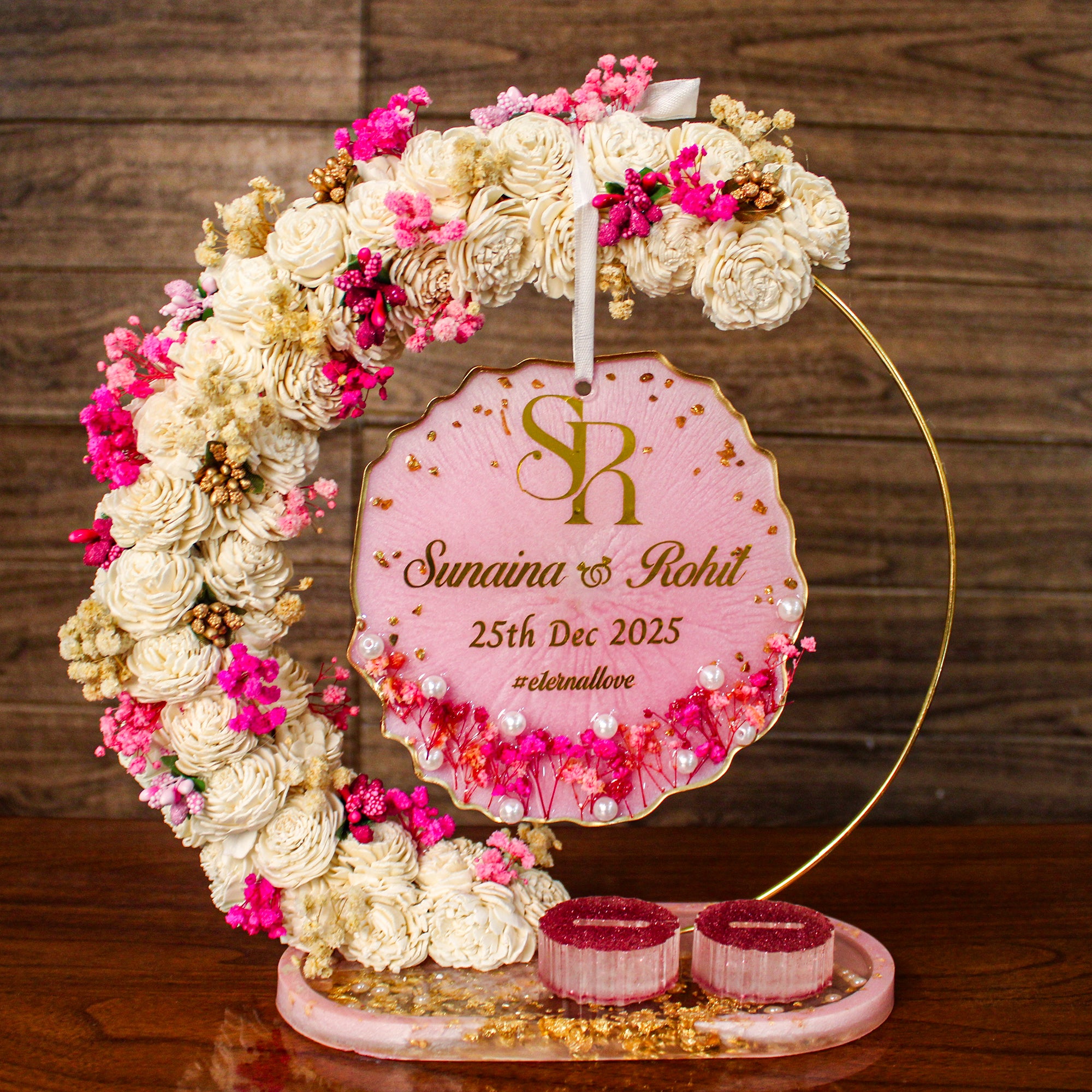 Rezica™ Royal Resin (Pink & White) Wedding Engagement Half Hoop Ring Platter with 2 Premium Ring Boxes made with Real Dry Flowers