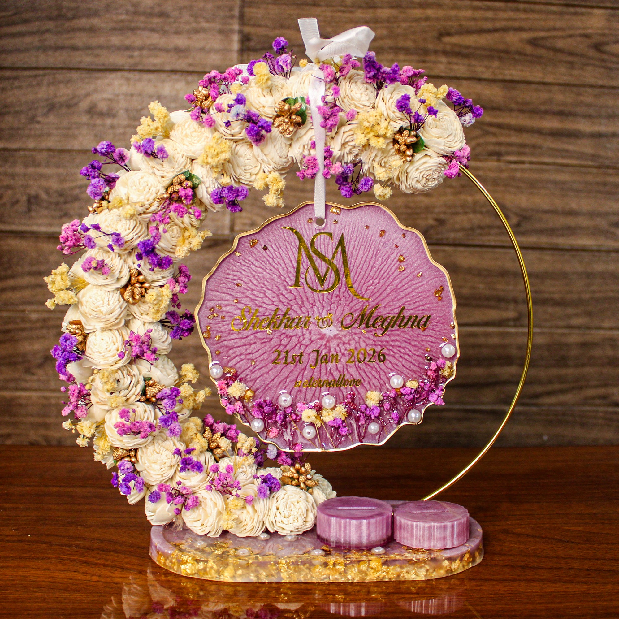 Rezica™ Royal Resin (Lavender) Wedding Engagement Half Hoop Ring Platter with 2 Premium Ring Boxes made with Real Dry Flowers