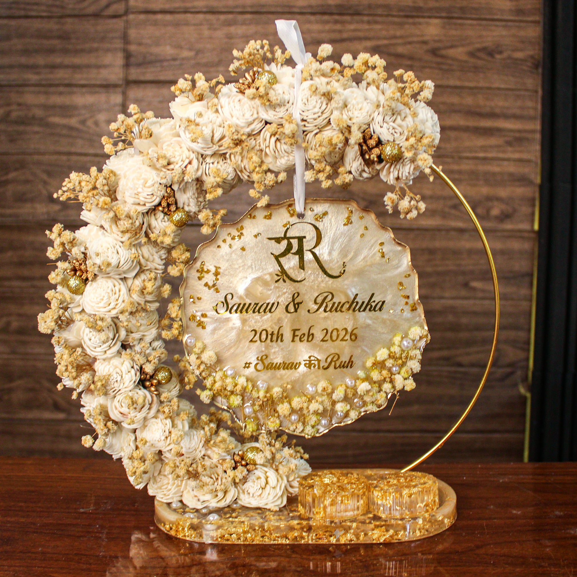 Rezica™ Royal Resin (White & Gold) Wedding Engagement Half Hoop Ring Platter with 2 Premium Ring Boxes made with Real Dry Flowers