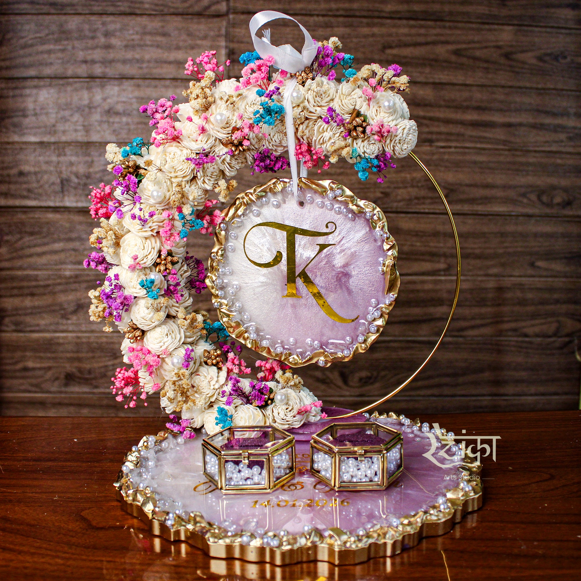 Rezica™ Royal Resin (Premium Pink & Lavender) Engagement Ring Platter with 2 Premium Ring Boxes and Heavy Flower Hoop