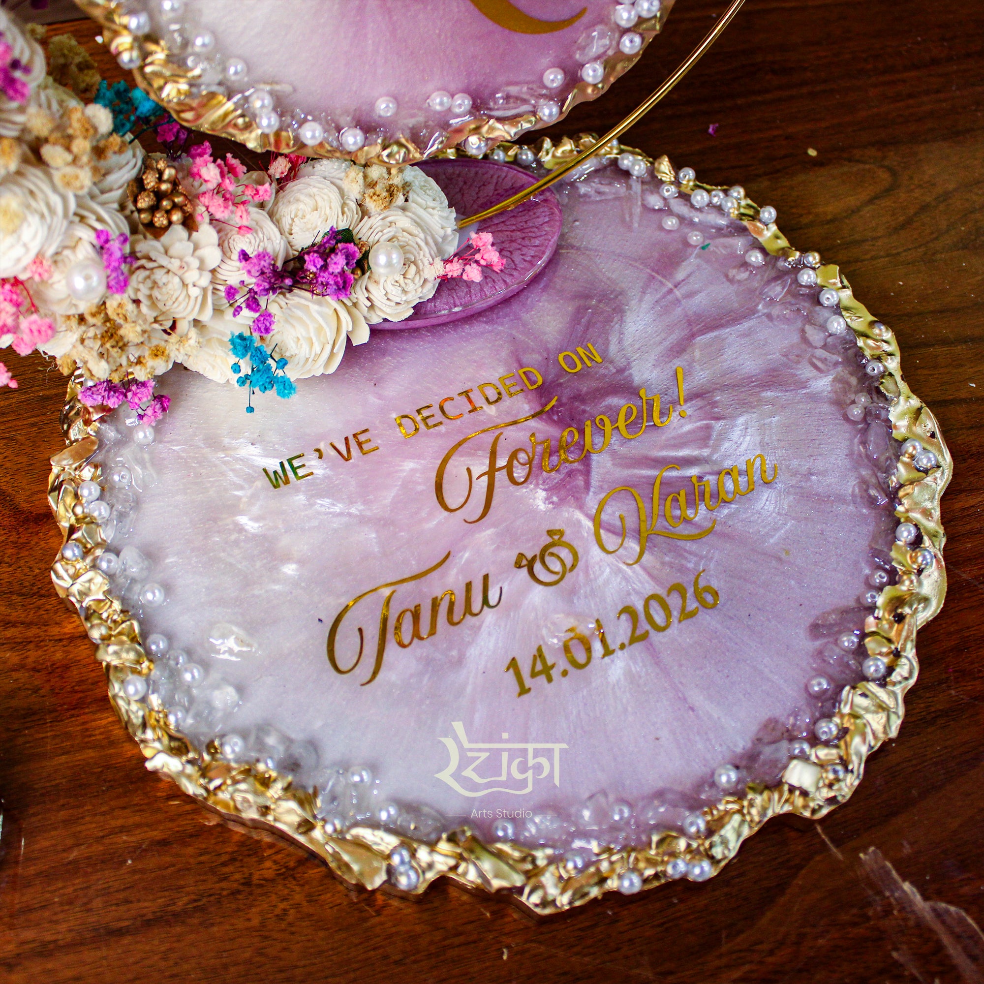 Rezica™ Royal Resin (Premium Pink & Lavender) Engagement Ring Platter with 2 Premium Ring Boxes and Heavy Flower Hoop