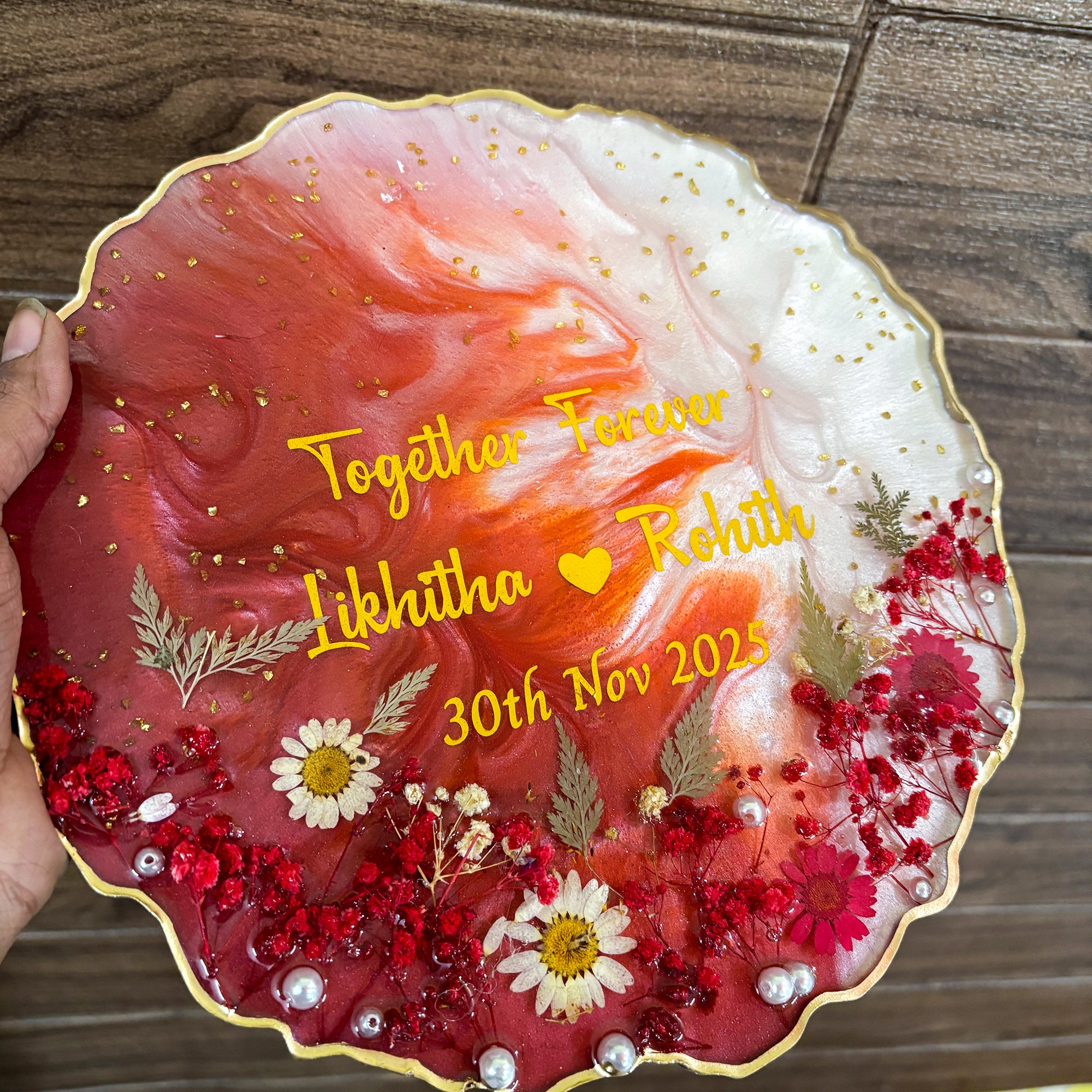 Rezica™ Royal Resin (Burgundy Heritage ) Engagement Ring Platter with 2 Premium Ring Boxes and Heavy Flower Hoop