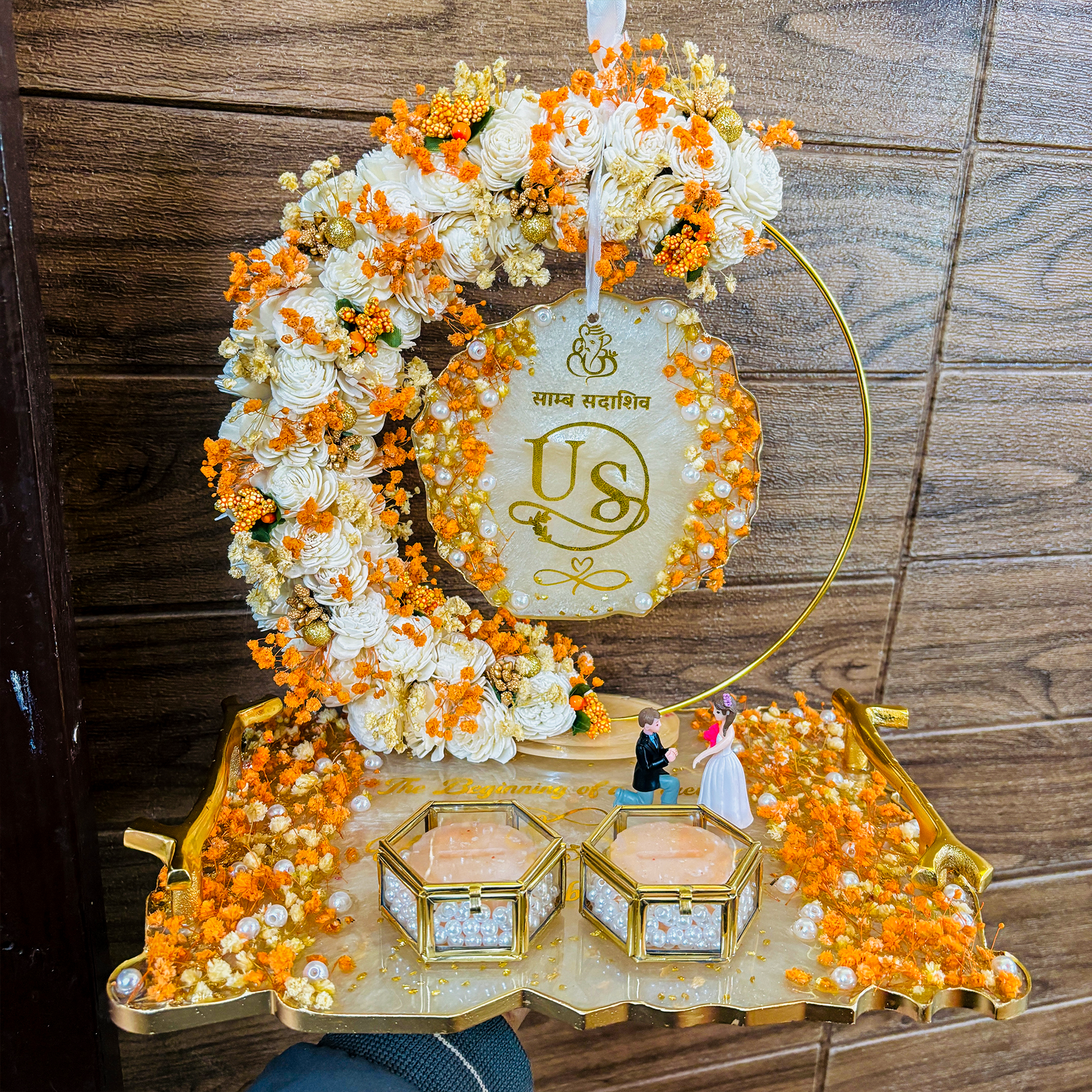 Rezica™ Royal Resin (Biege & Peach) Engagement Ring Platter with 2 Premium Ring Boxes and Heavy Flower Hoop & Handles
