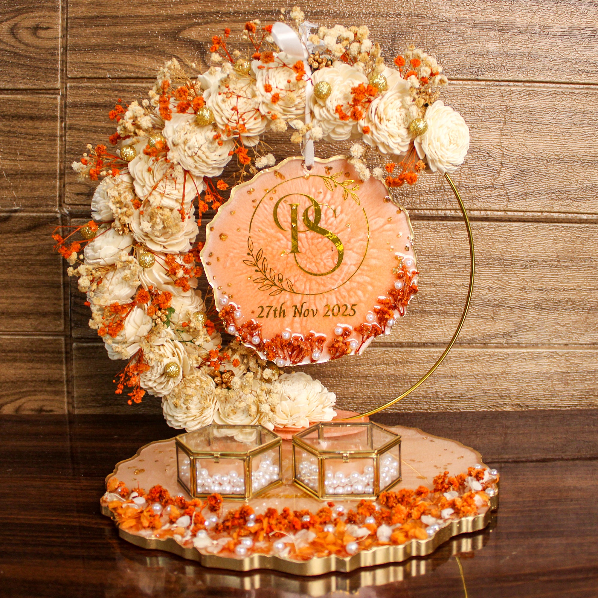 Rezica™ Royal Resin (Royal Whispering Peach) Engagement Ring Platter with 2 Premium Ring Boxes and Heavy Flower Hoop