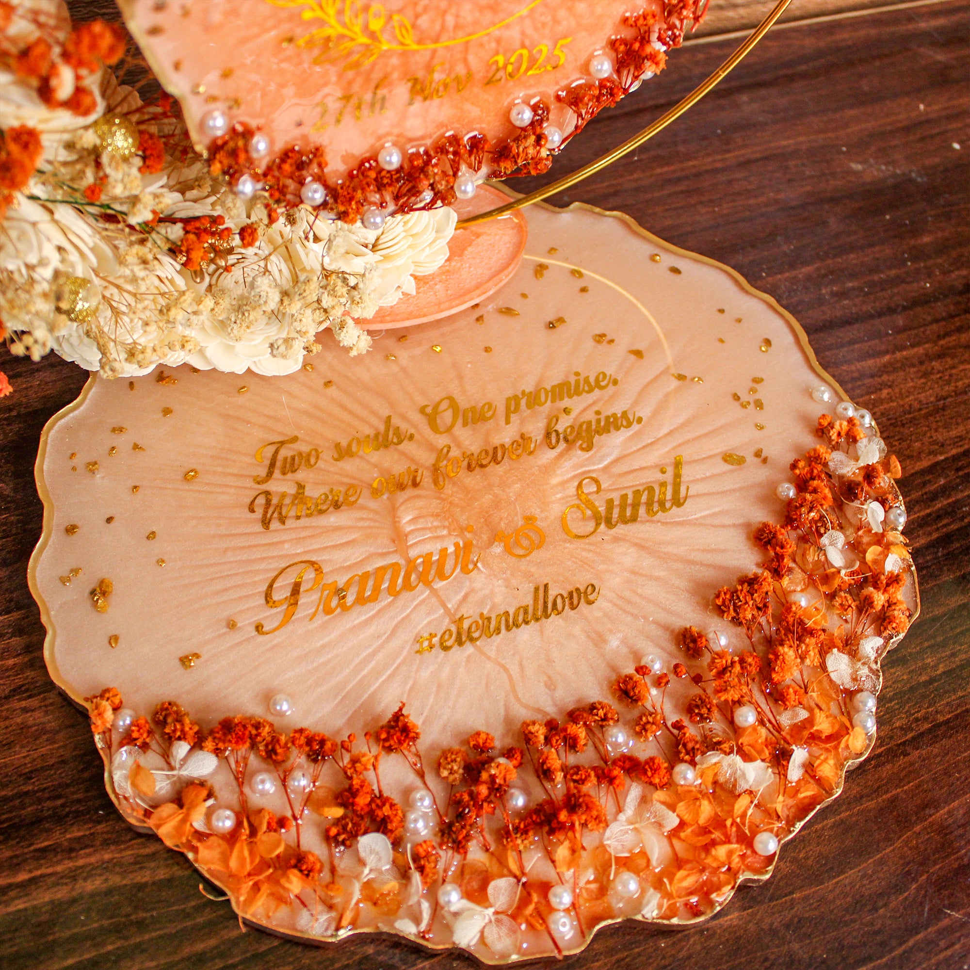 Rezica™ Royal Resin (Royal Whispering Peach) Engagement Ring Platter with 2 Premium Ring Boxes and Heavy Flower Hoop