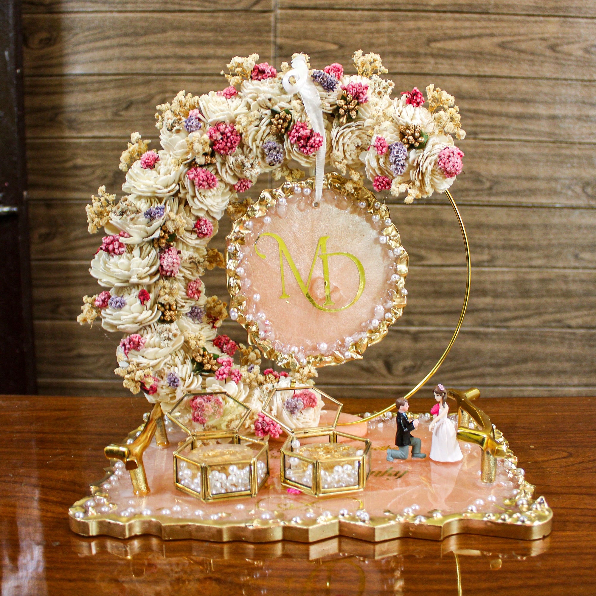 Rezica™ Royal Resin (Royal Peach Aura) Engagement Ring Platter with 2 Premium Ring Boxes and Heavy Flower Hoop & Handles