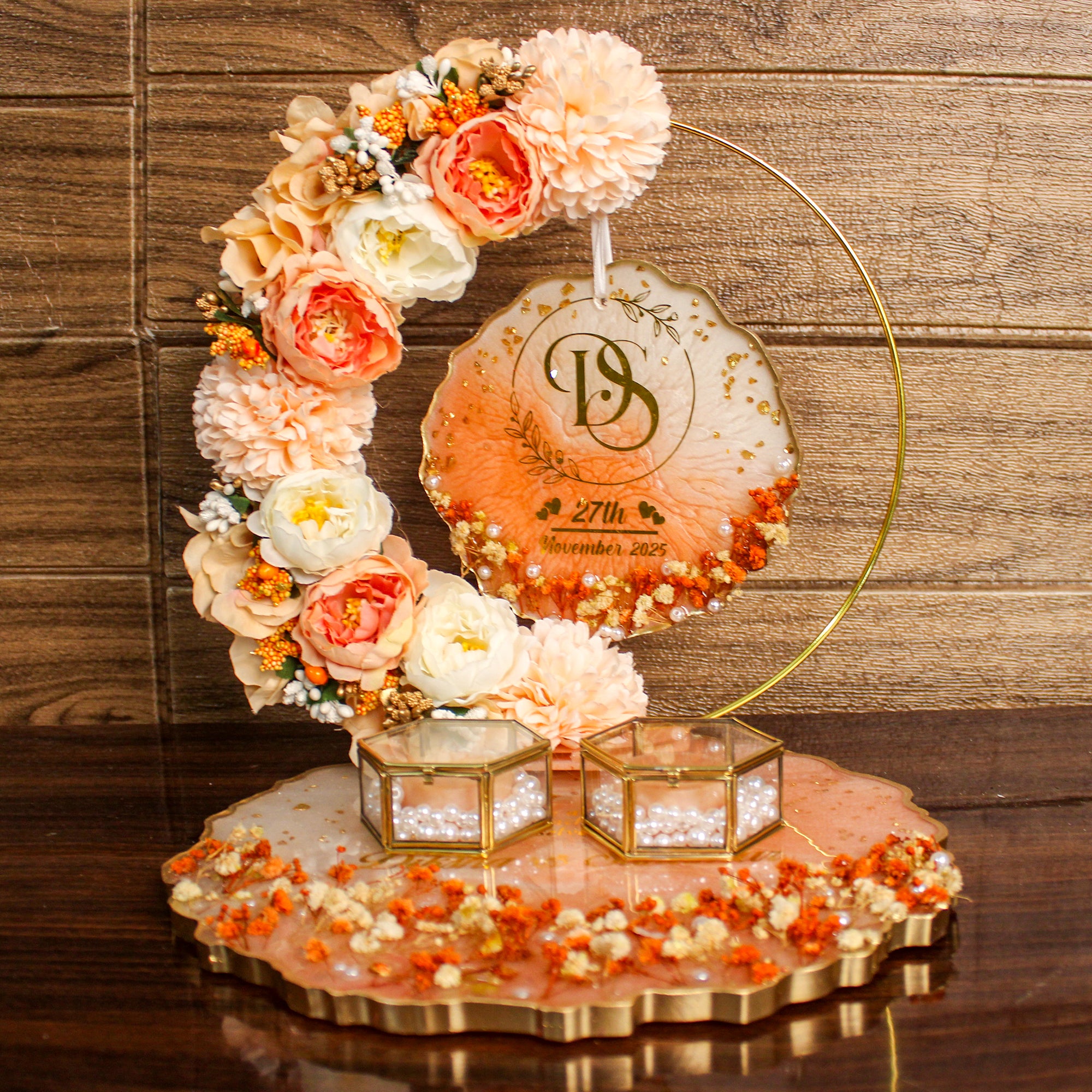 Rezica™ Royal Resin (Peach Rosette) Wedding Engagement Ring Platter with 2 Premium Ring Boxes and Heavy Flower Hoop