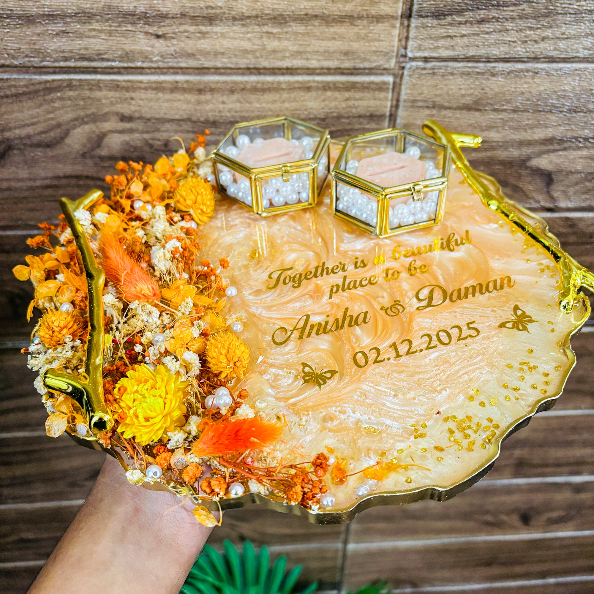 Rezica™ Royal Resin (Peach Promise) Wedding Engagement Ring Platter with 2 Premium Ring Boxes made with Real Dry Flowers