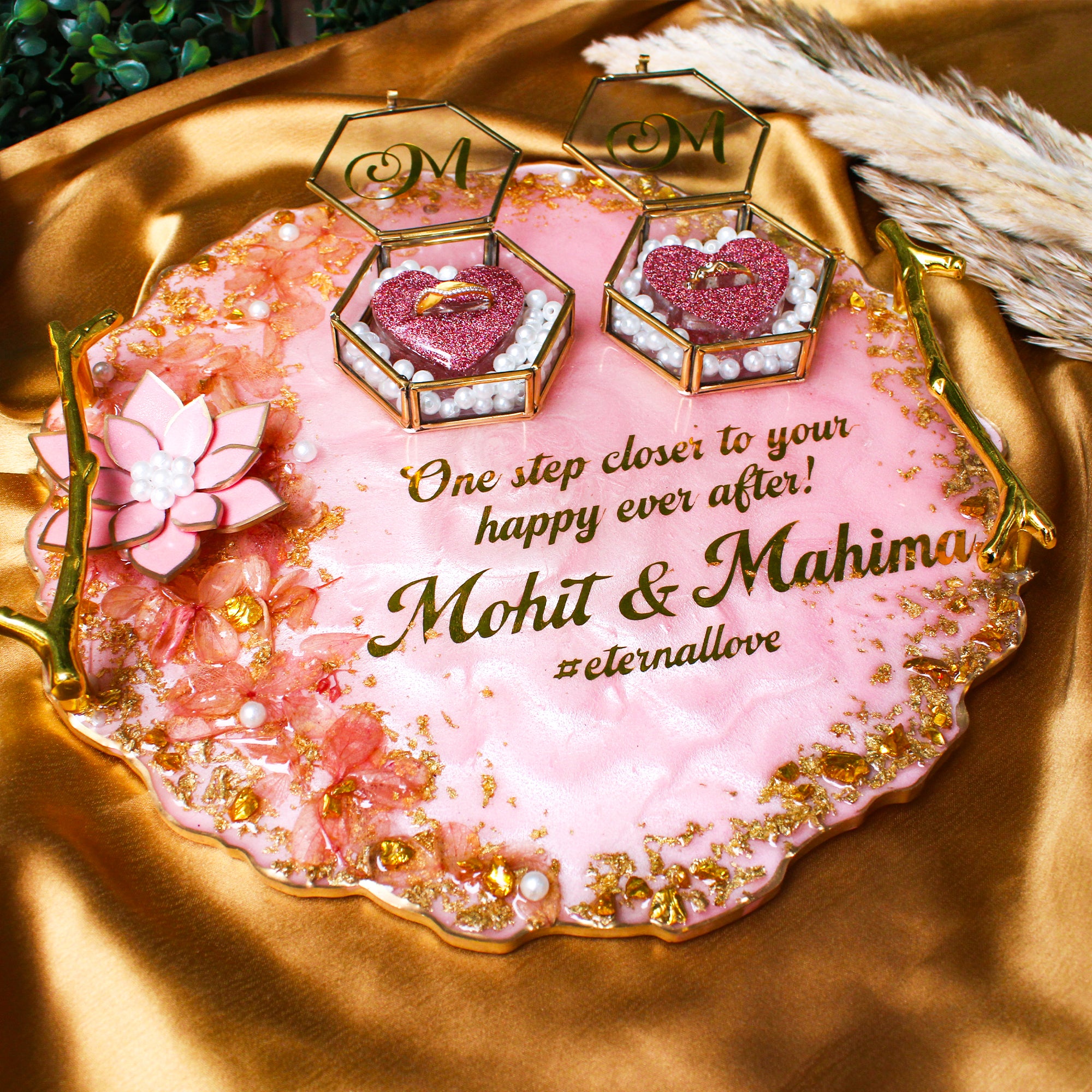 Rezica™ Royal Resin (Pink Petal Blush) Wedding Engagement Ring Platter with 2 Premium Ring Boxes made with Real Dry Flowers (10 Inches)