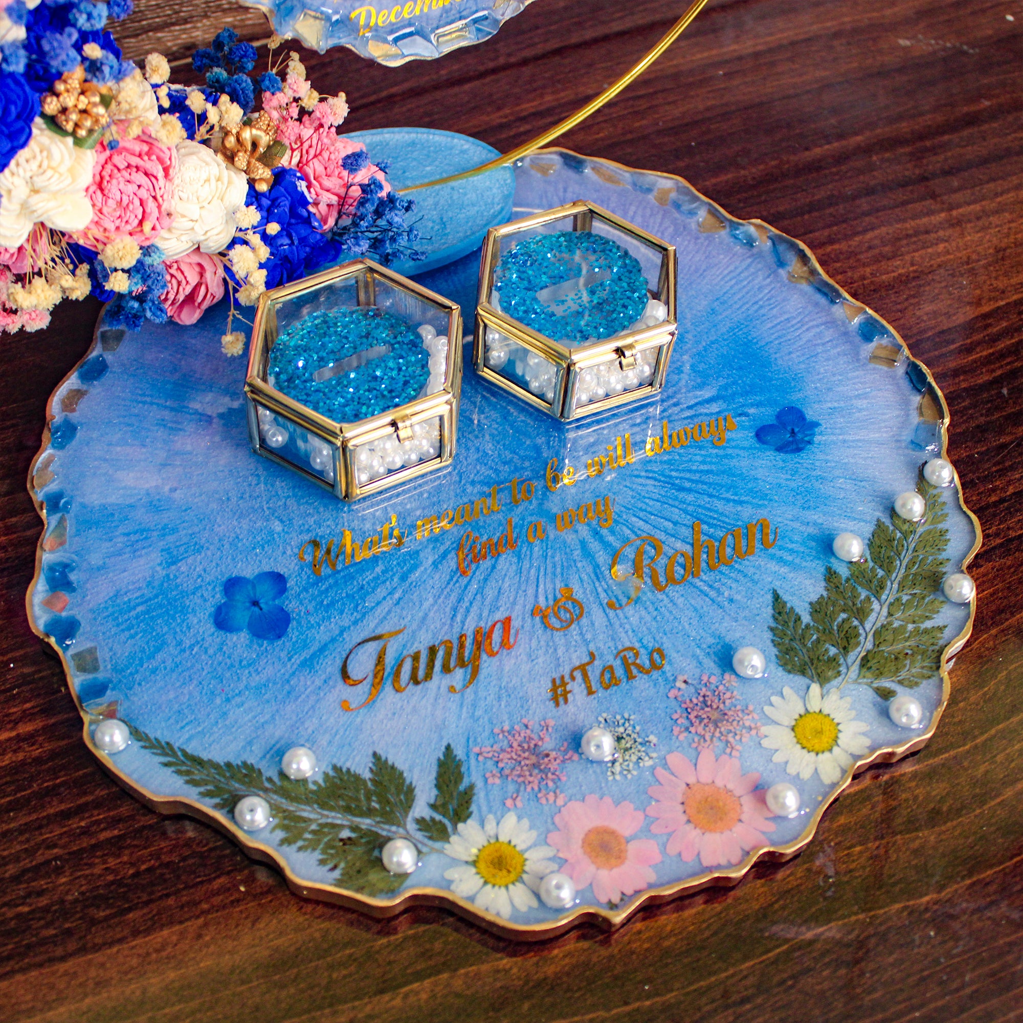 Rezica™ Royal Resin (Blush & navy Blossom) Engagement Ring Platter with 2 Premium Ring Boxes and Heavy Flower Hoop