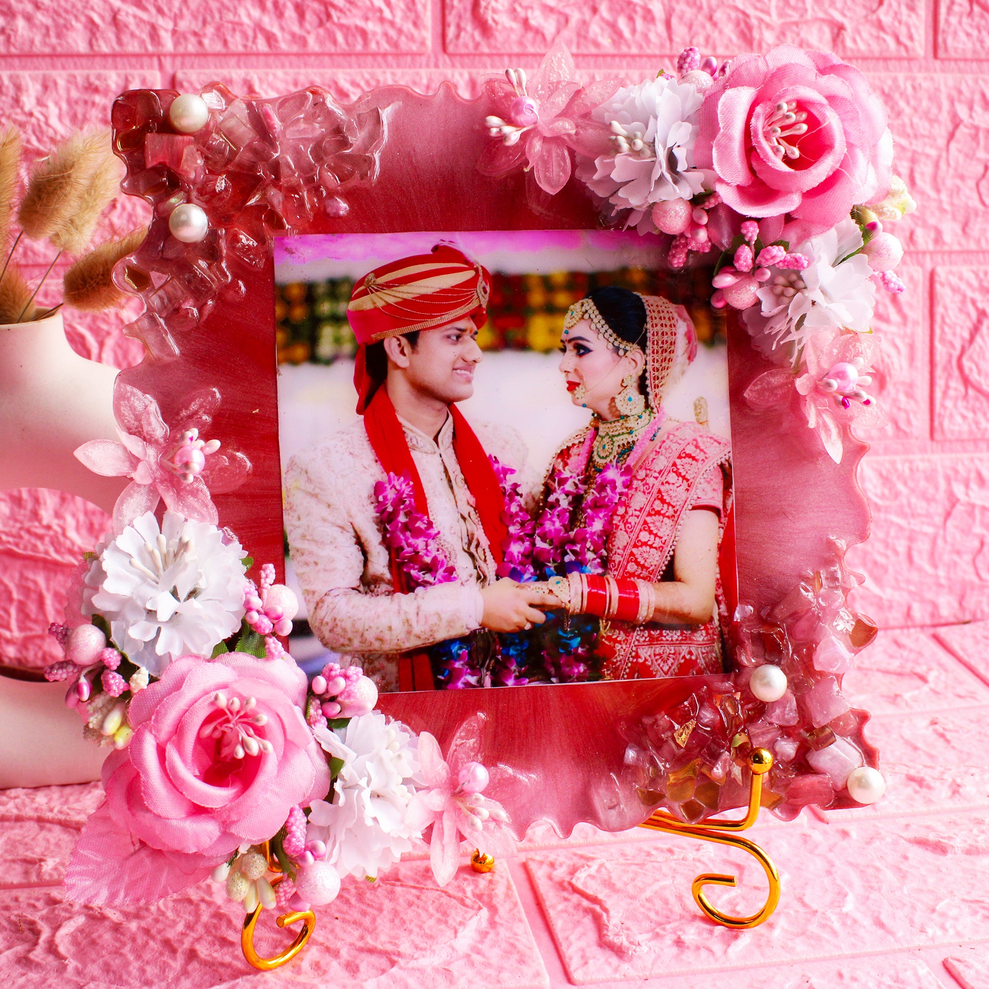 Rosy Romance Flower Resin Photo Frame (8 Inches Square) with Golden Metal Stand