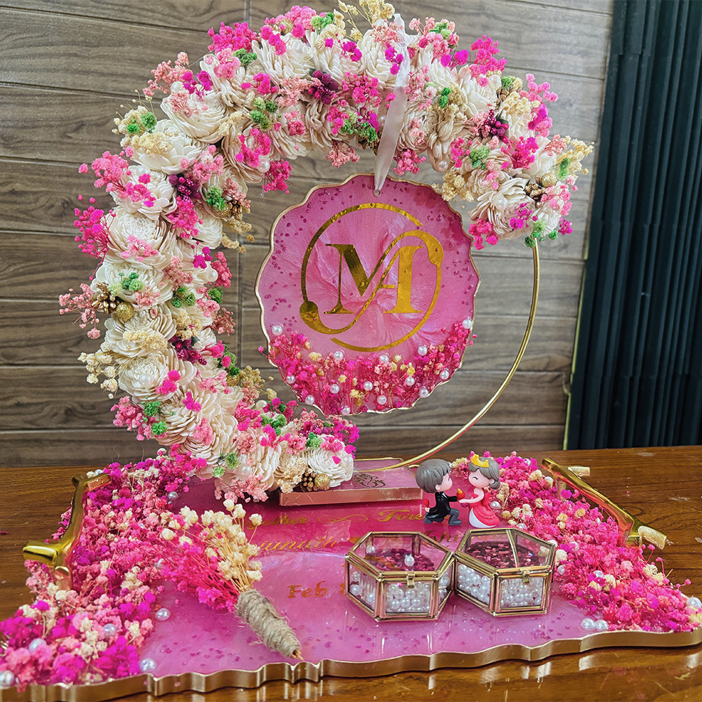 Rezica™ Royal Resin (Royal Royal Pink) Engagement Ring Platter with 2 Premium Ring Boxes and Heavy Flower Hoop & Handles