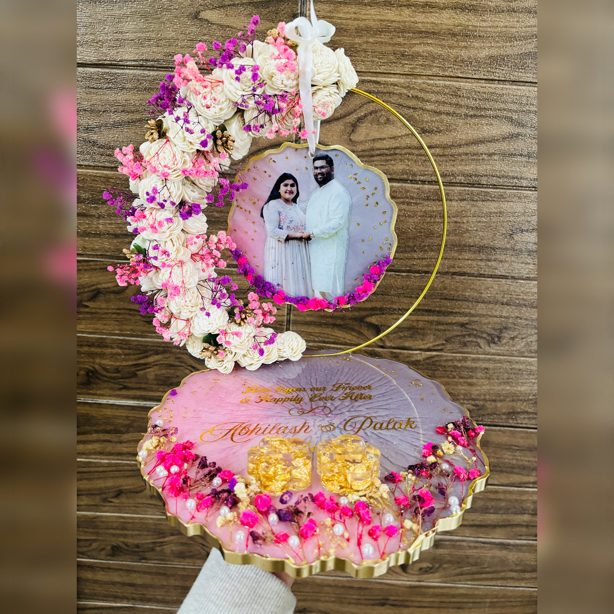 Rezica™ Royal Resin (Lavender Blush ) Engagement Ring Platter with 2 Premium Ring Boxes and Heavy Flower Hoop