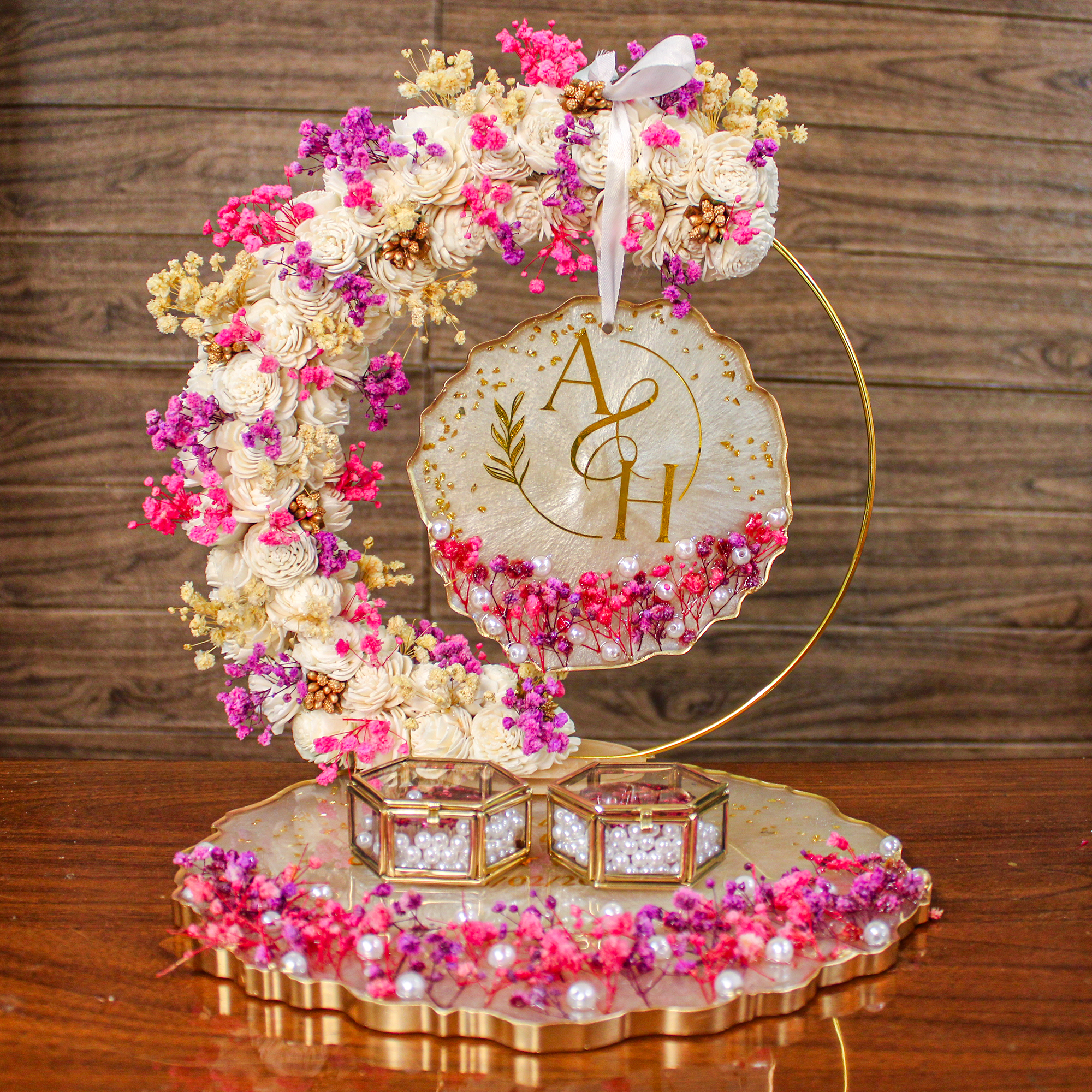Rezica™ Royal Resin (Beige Pink & Lavender) Engagement Ring Platter with 2 Premium Ring Boxes and Heavy Flower Hoop