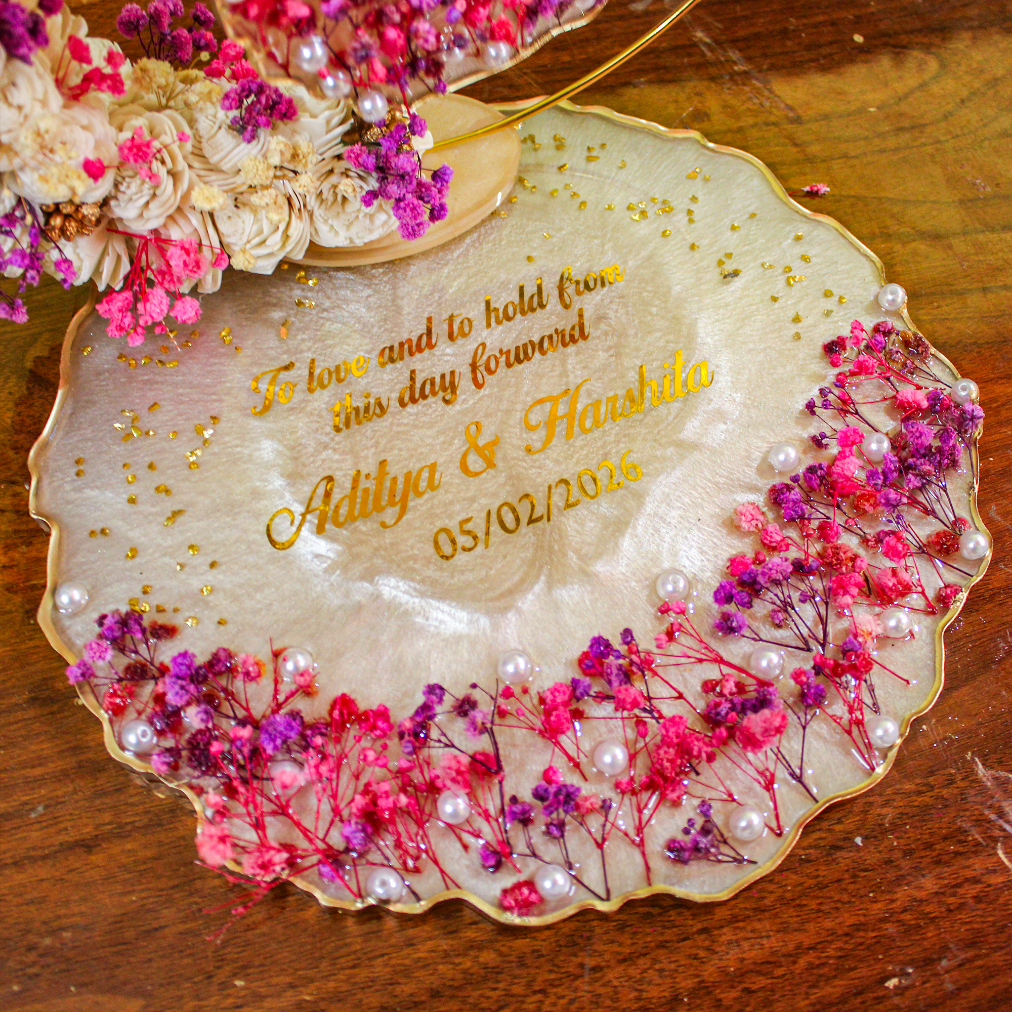 Rezica™ Royal Resin (Beige Pink & Lavender) Engagement Ring Platter with 2 Premium Ring Boxes and Heavy Flower Hoop