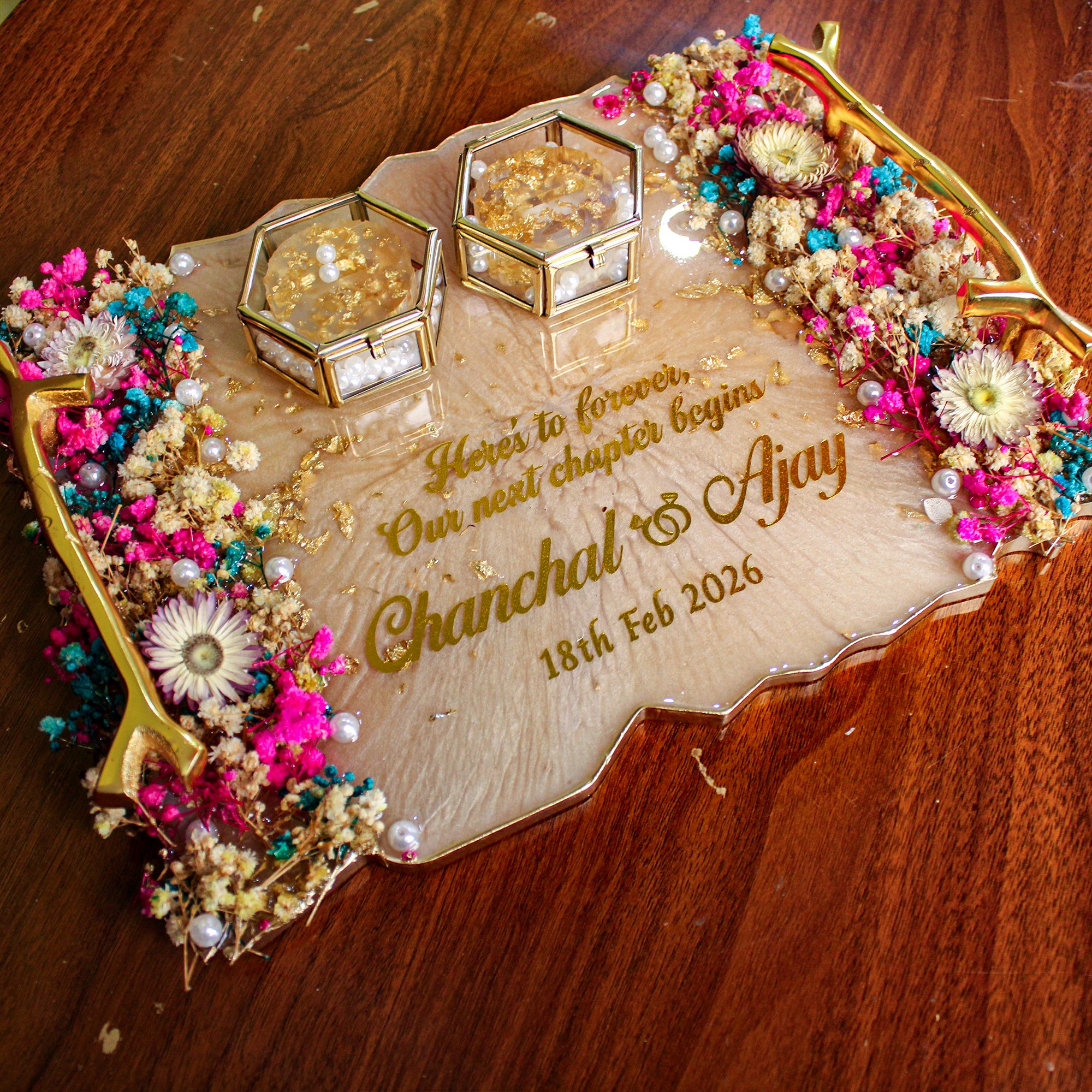 Rezica™ Royal Resin (Biege Multicolor) Wedding Engagement Ring Platter with 2 Premium Ring Boxes made with Real Dry Flowers