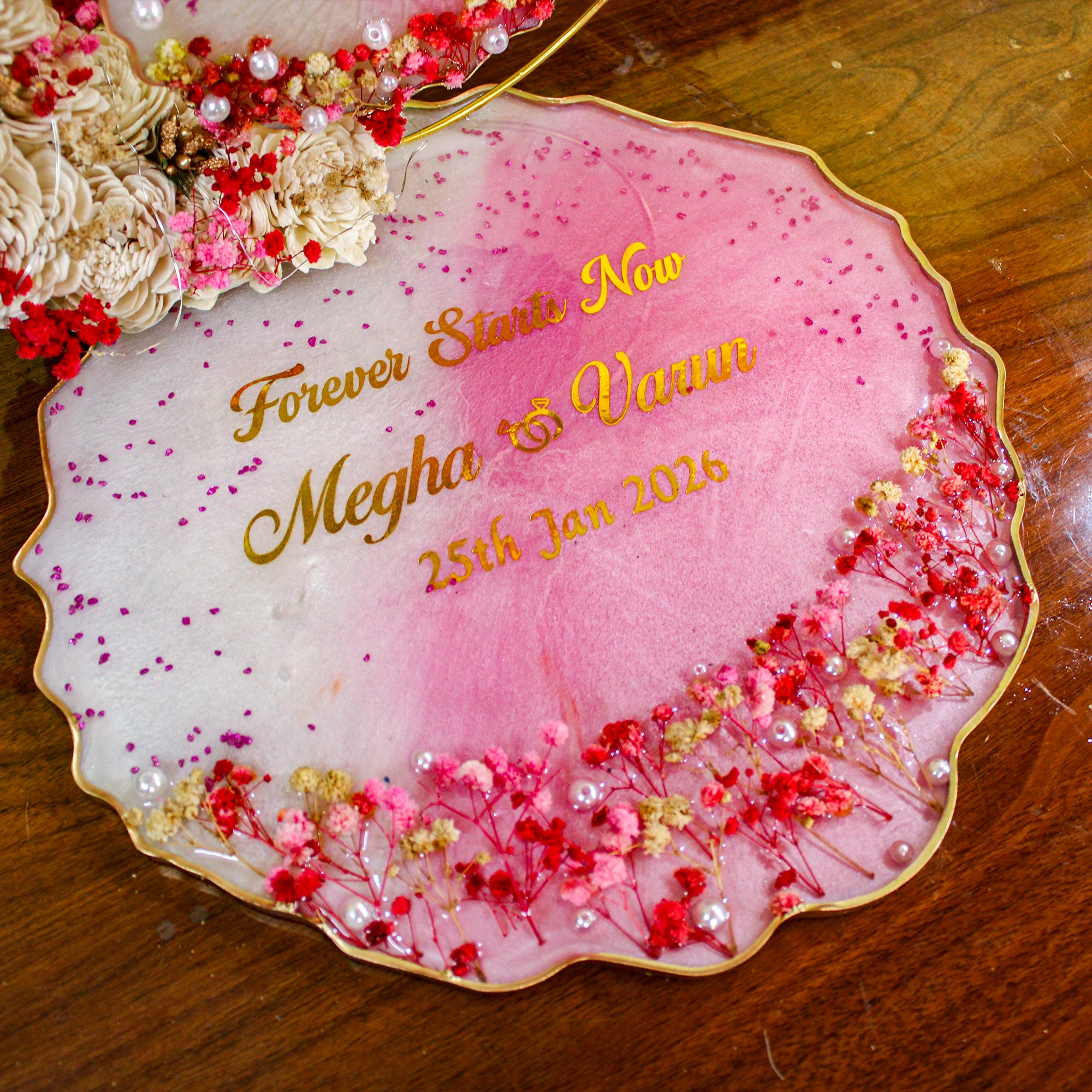Rezica™ Royal Resin (Royal Pink & Red) Engagement Ring Platter with 2 Premium Ring Boxes and Heavy Flower Hoop