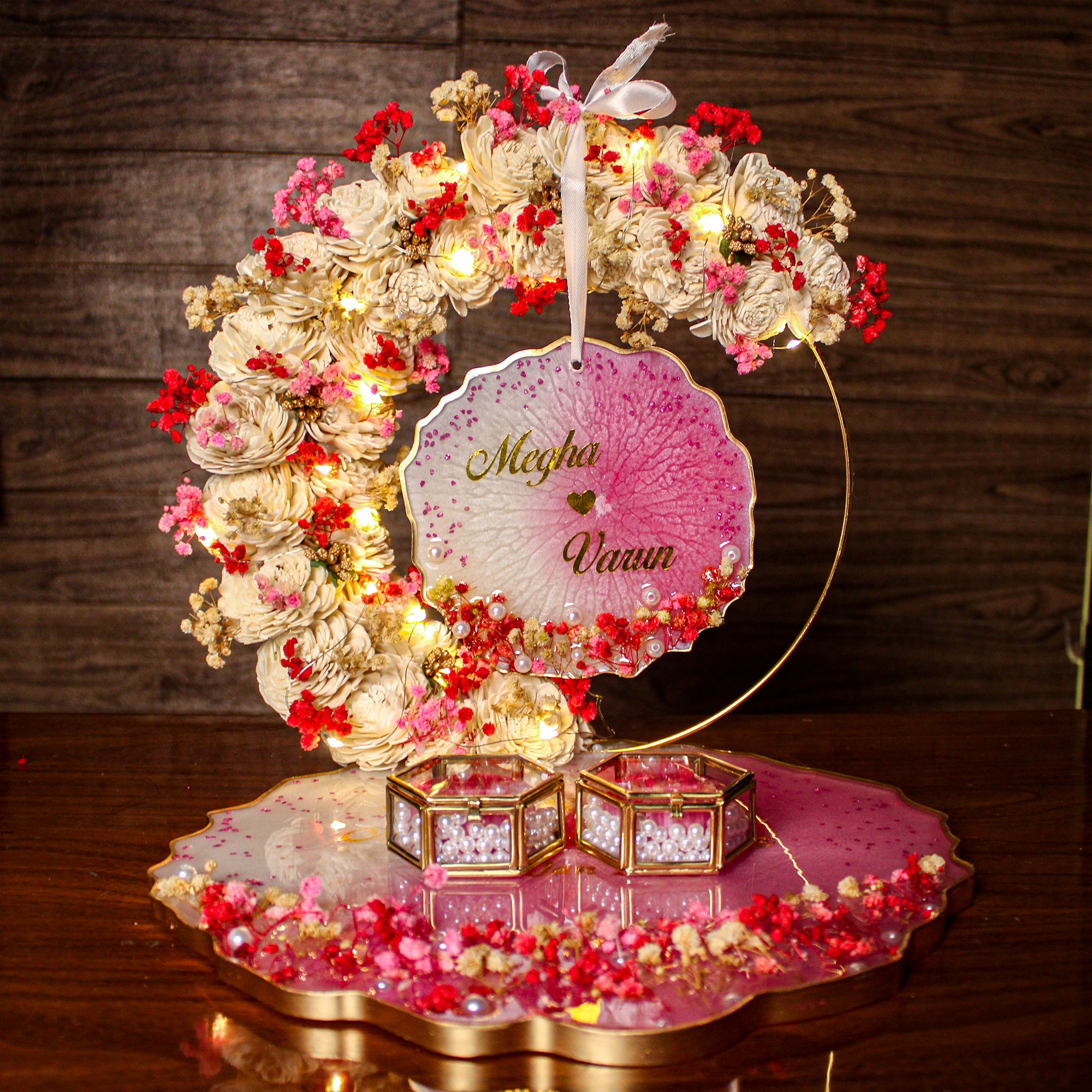Rezica™ Royal Resin (Royal Pink & Red) Engagement Ring Platter with 2 Premium Ring Boxes and Heavy Flower Hoop