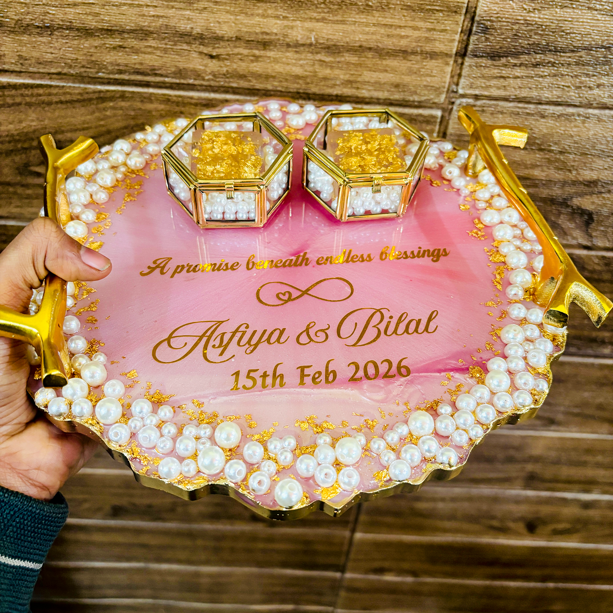 Rezica™ Royal Resin (Rose Gold & pearls) Wedding Engagement Ring Platter with 2 Premium Ring Boxes made with Real Dry Flowers