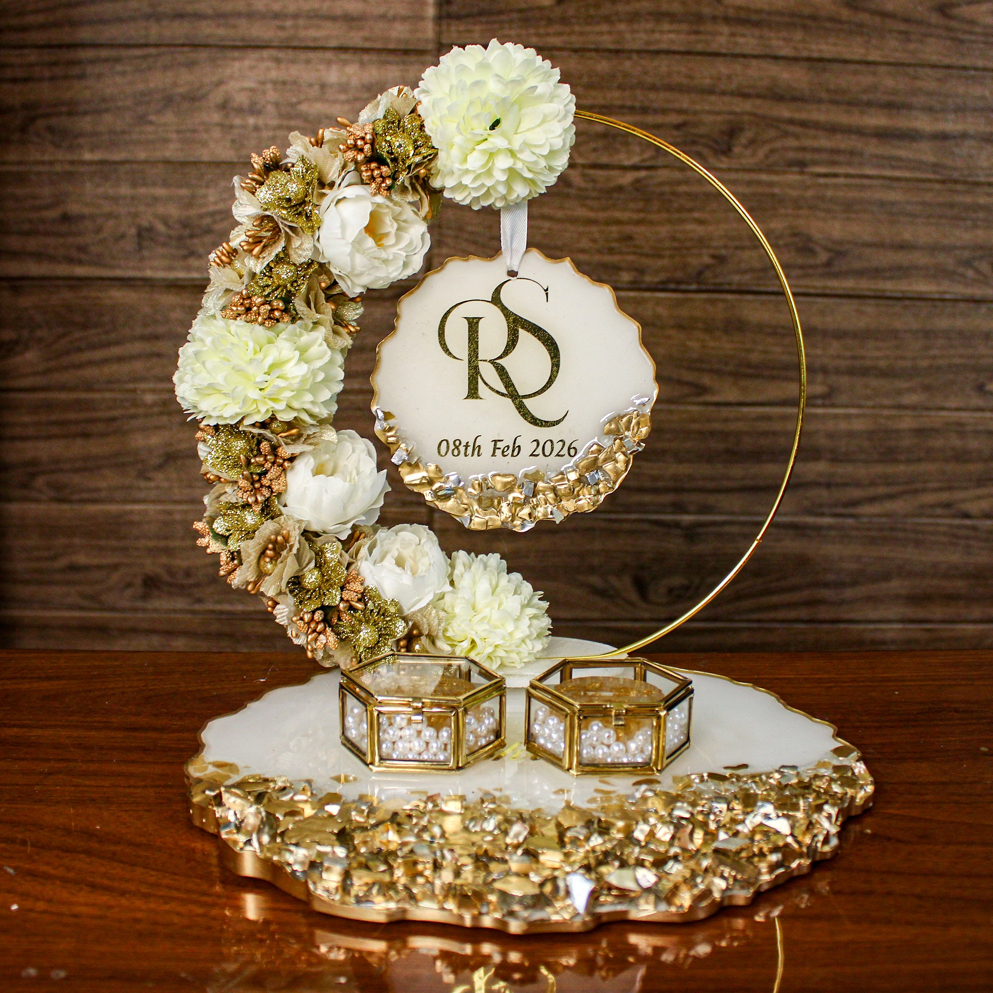 Rezica™ Royal Resin (Royal Gold & White) Engagement Ring Platter with 2 Premium Ring Boxes and Heavy Flower Hoop