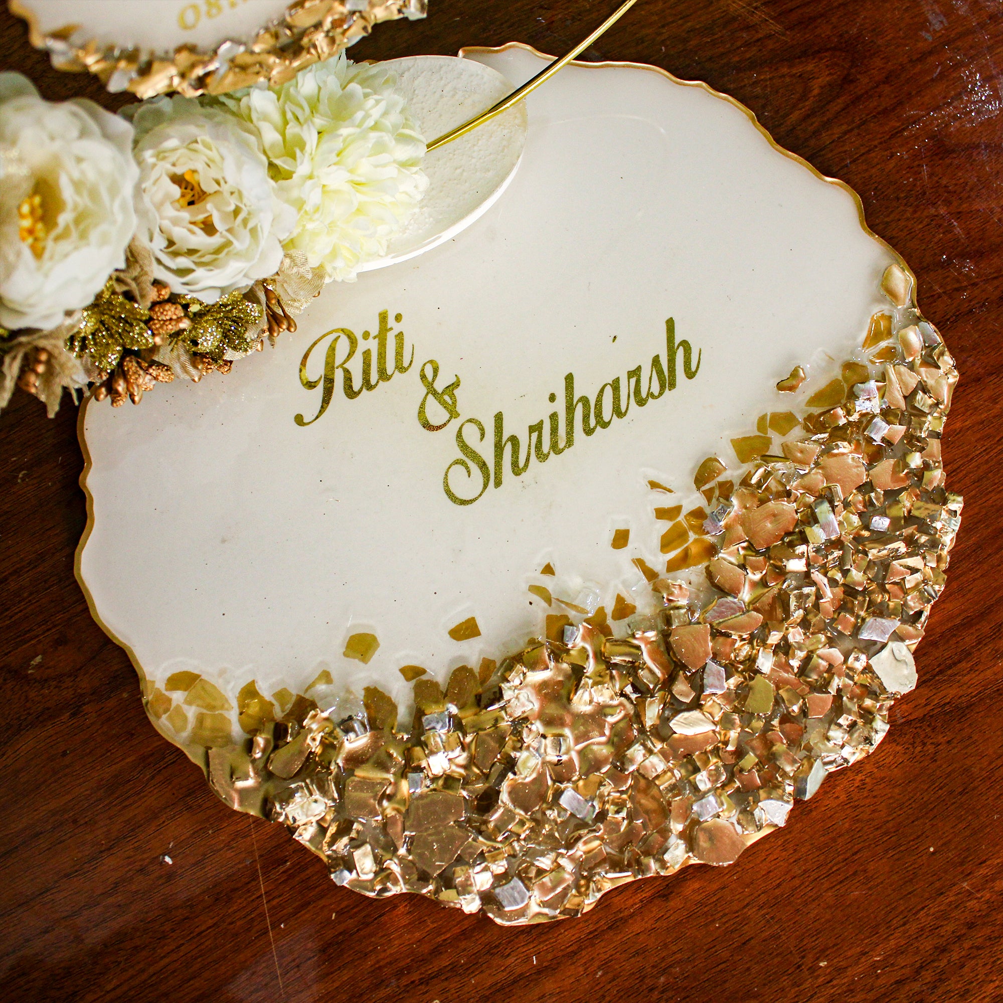Rezica™ Royal Resin (Royal Gold & White) Engagement Ring Platter with 2 Premium Ring Boxes and Heavy Flower Hoop
