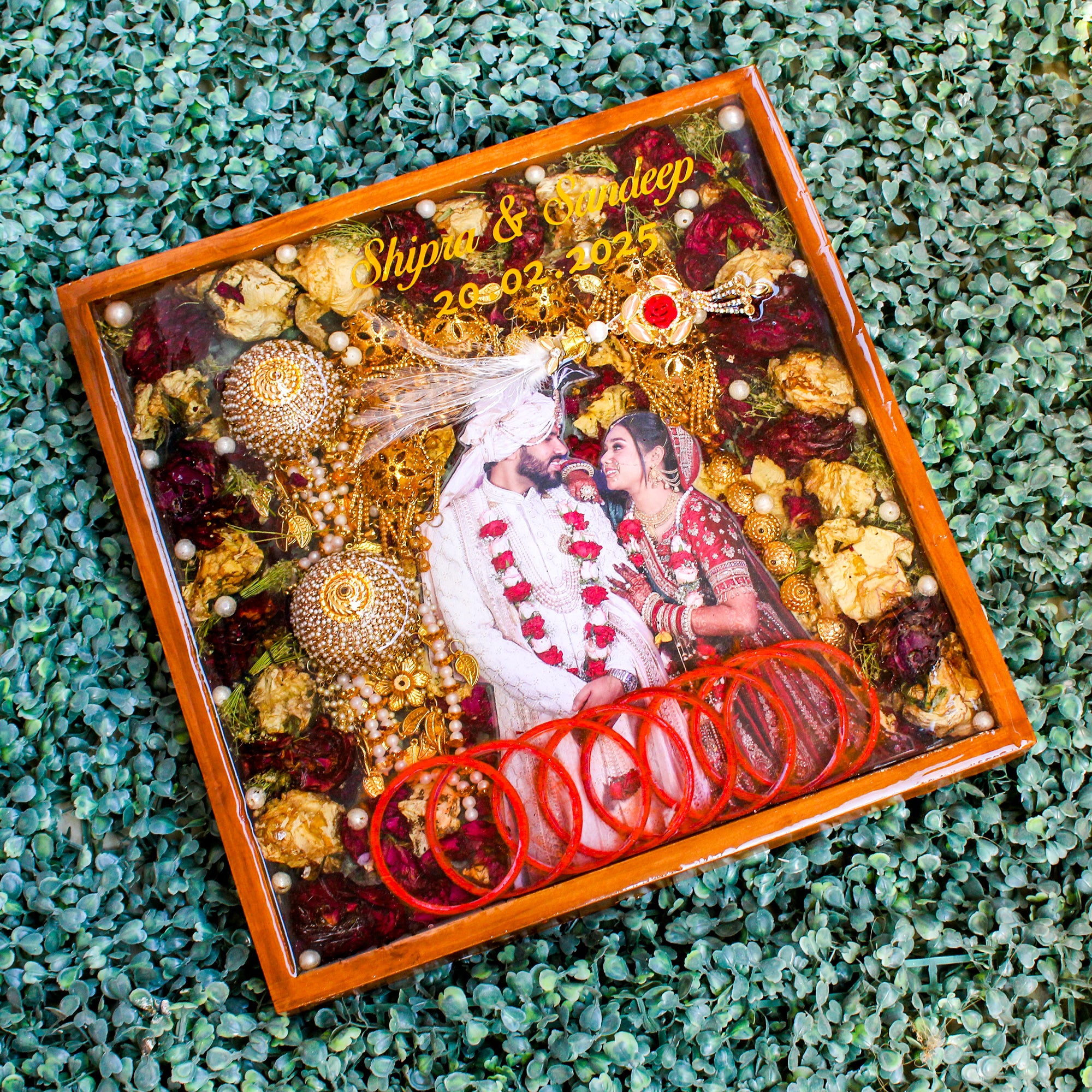 Bloom Keepsake- Varmala/Flower Preservation Teakwood Frame- Square