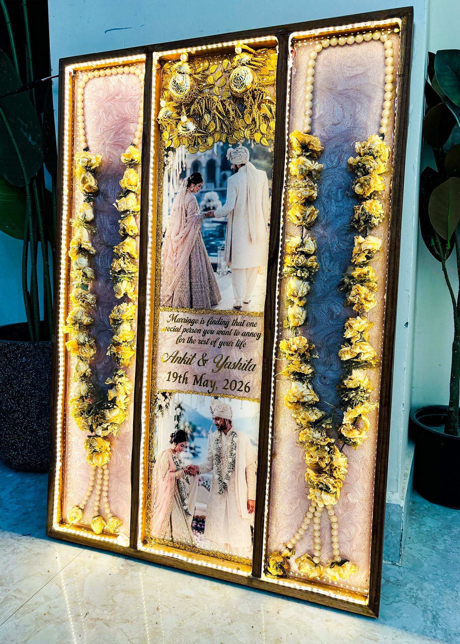 Royal Shaadi- Full Varmala 3 section Teakwood Frame with LED Lights