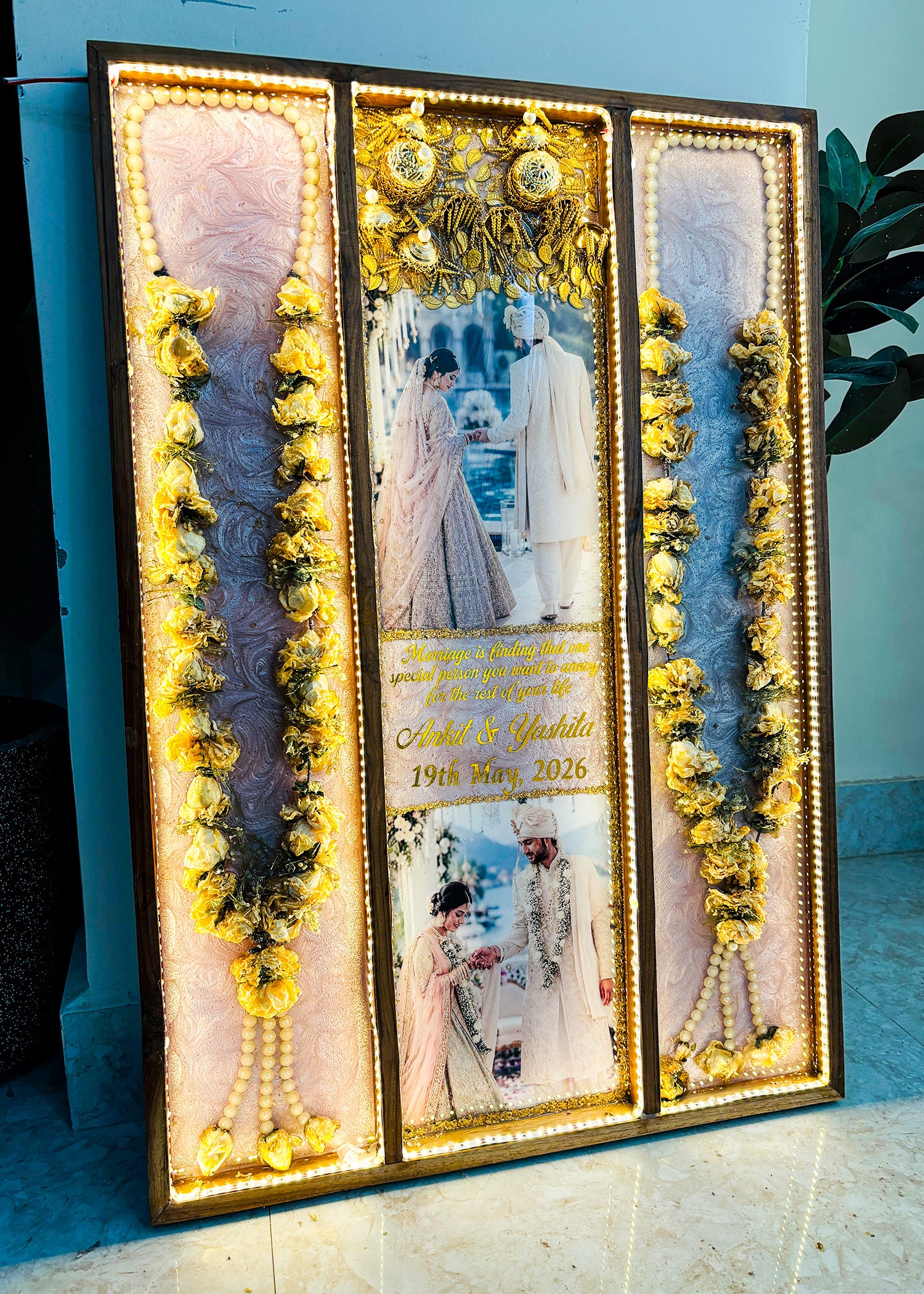 Royal Shaadi- Full Varmala 3 section Teakwood Frame with LED Lights