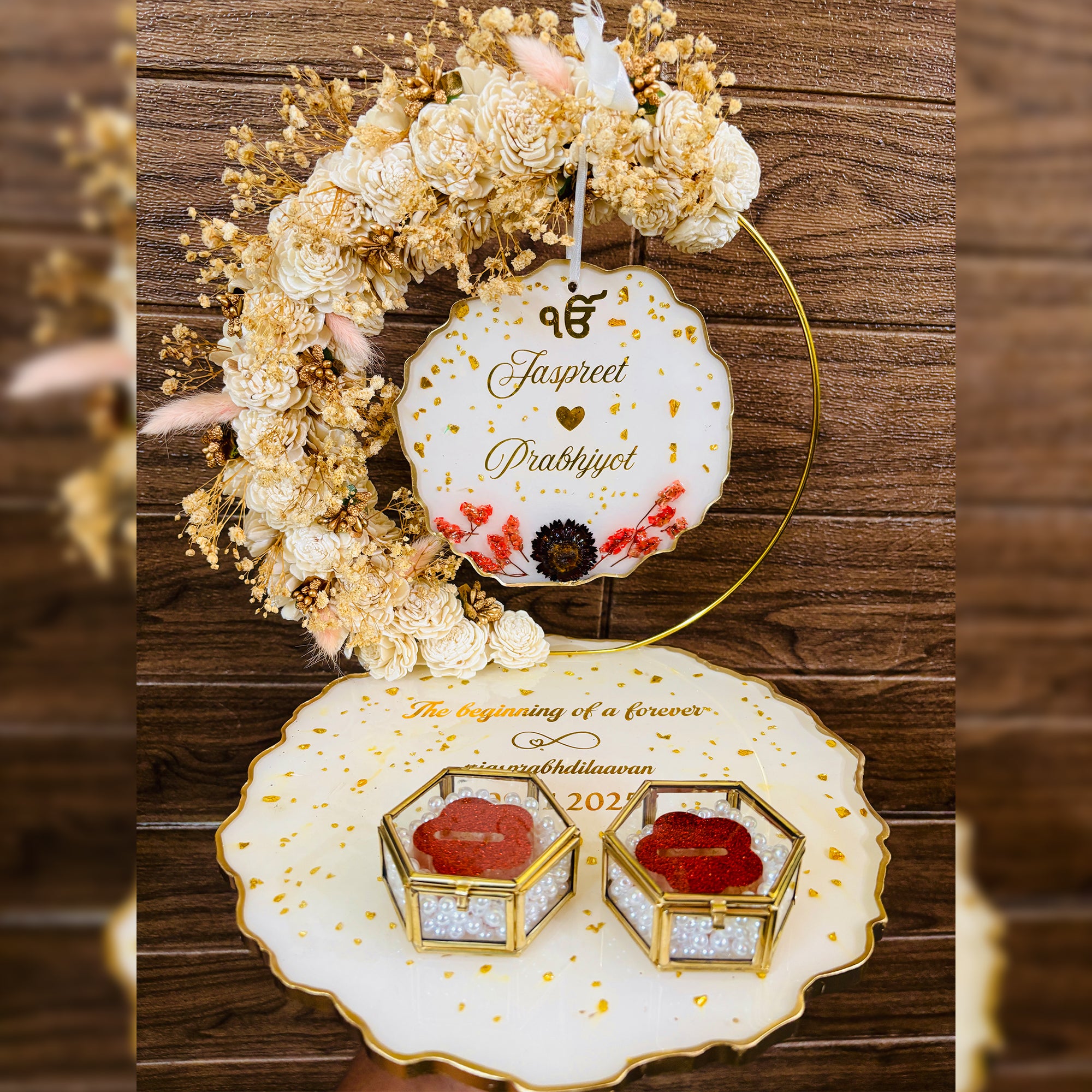 Rezica™ Royal Resin (White n Red Vows ) Engagement Ring Platter with 2 Premium Ring Boxes and Heavy Flower Hoop
