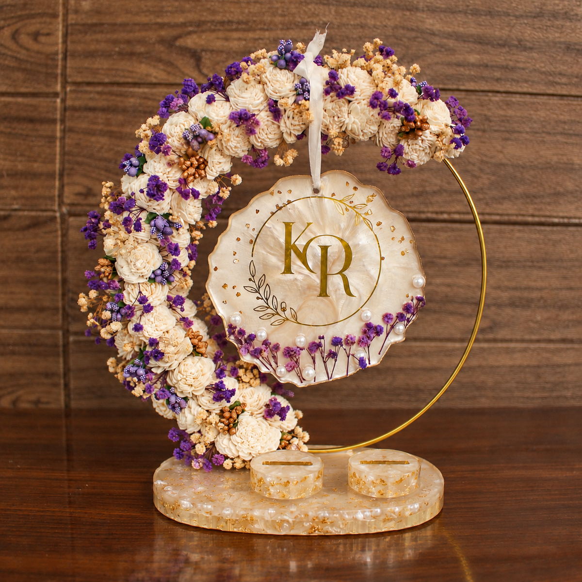 Ivory & Purple half hoop engagement ring platter