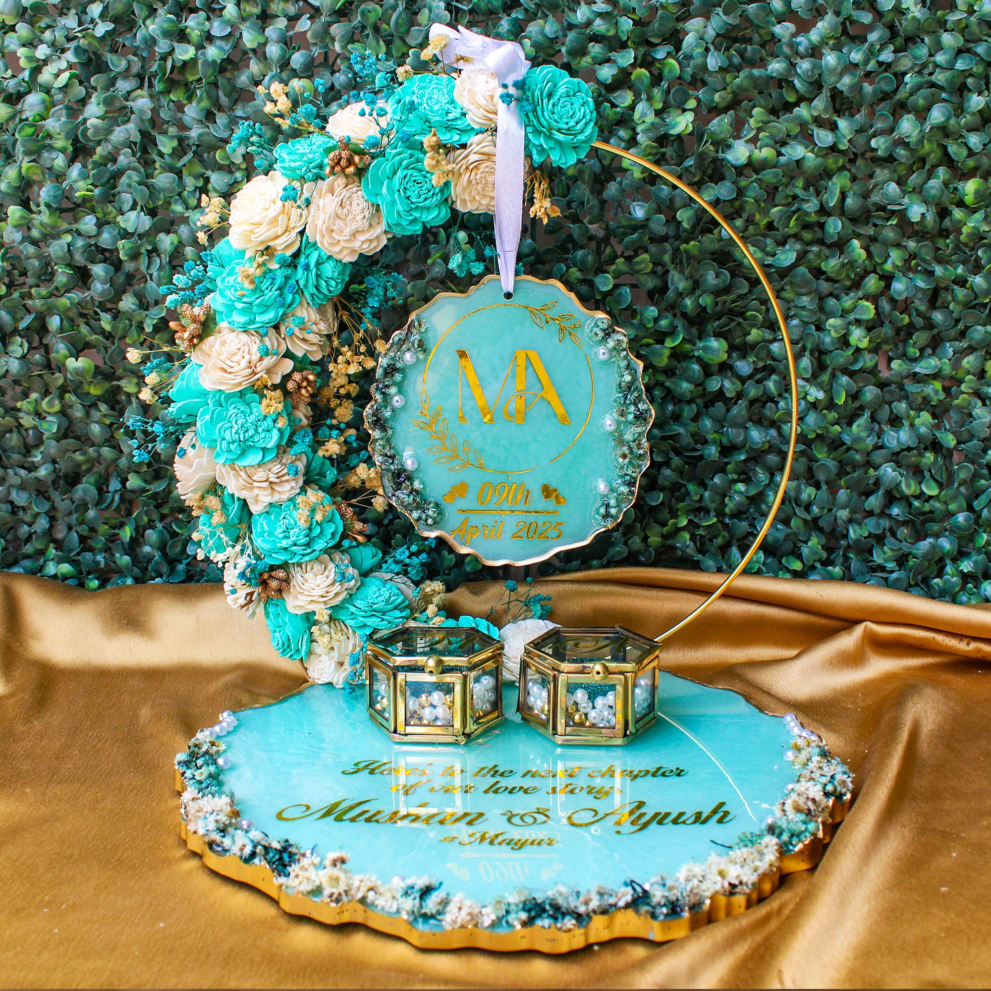 Rezica™ Royal Resin (Aqua n White) Engagement Ring Platter with 2 Premium Ring Boxes and Heavy Flower Hoop (10 Inch Base)