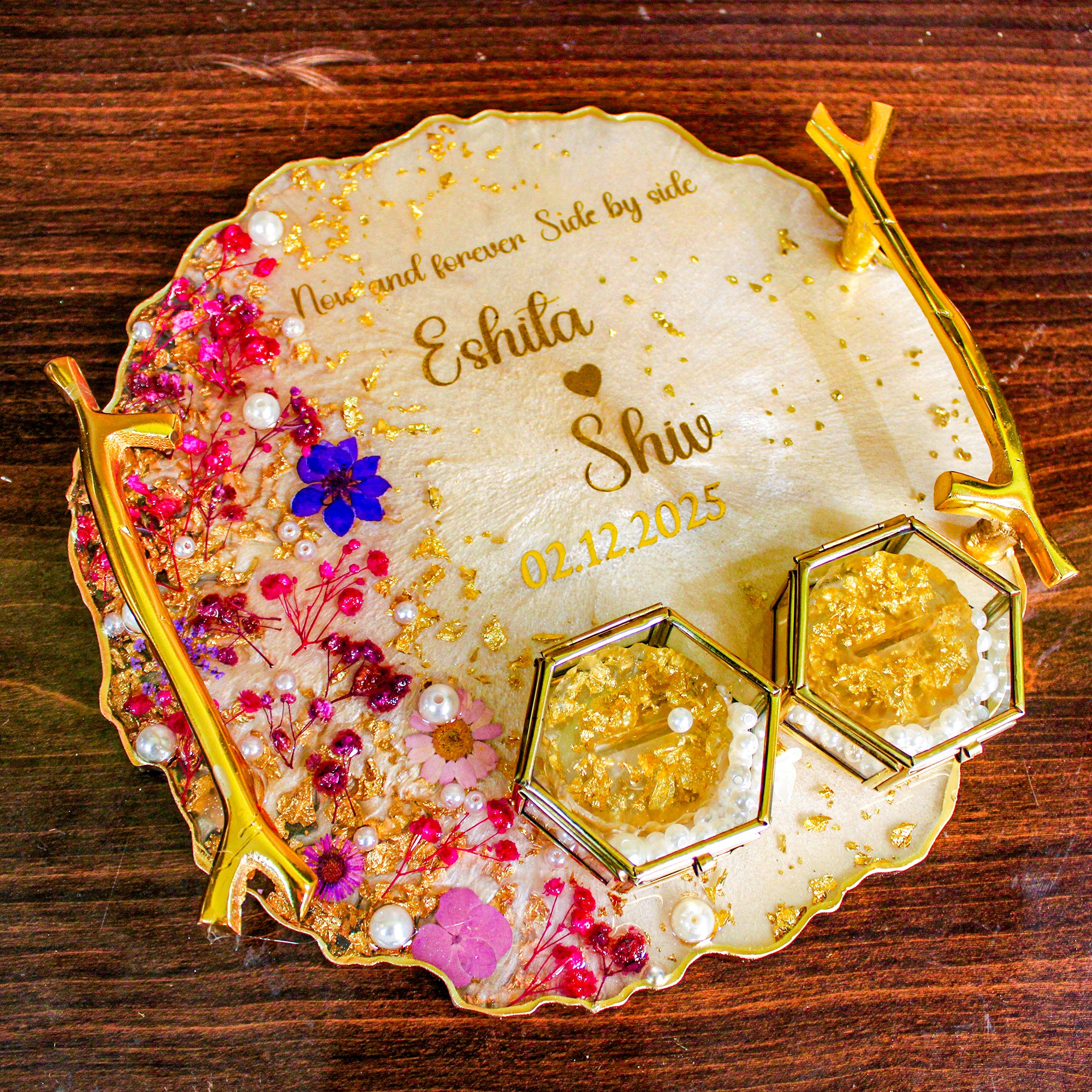 Rezica™ Royal Resin (Sandstone Serenity) Wedding Engagement Ring Platter with 2 Premium Ring Boxes made with Real Dry Flowers