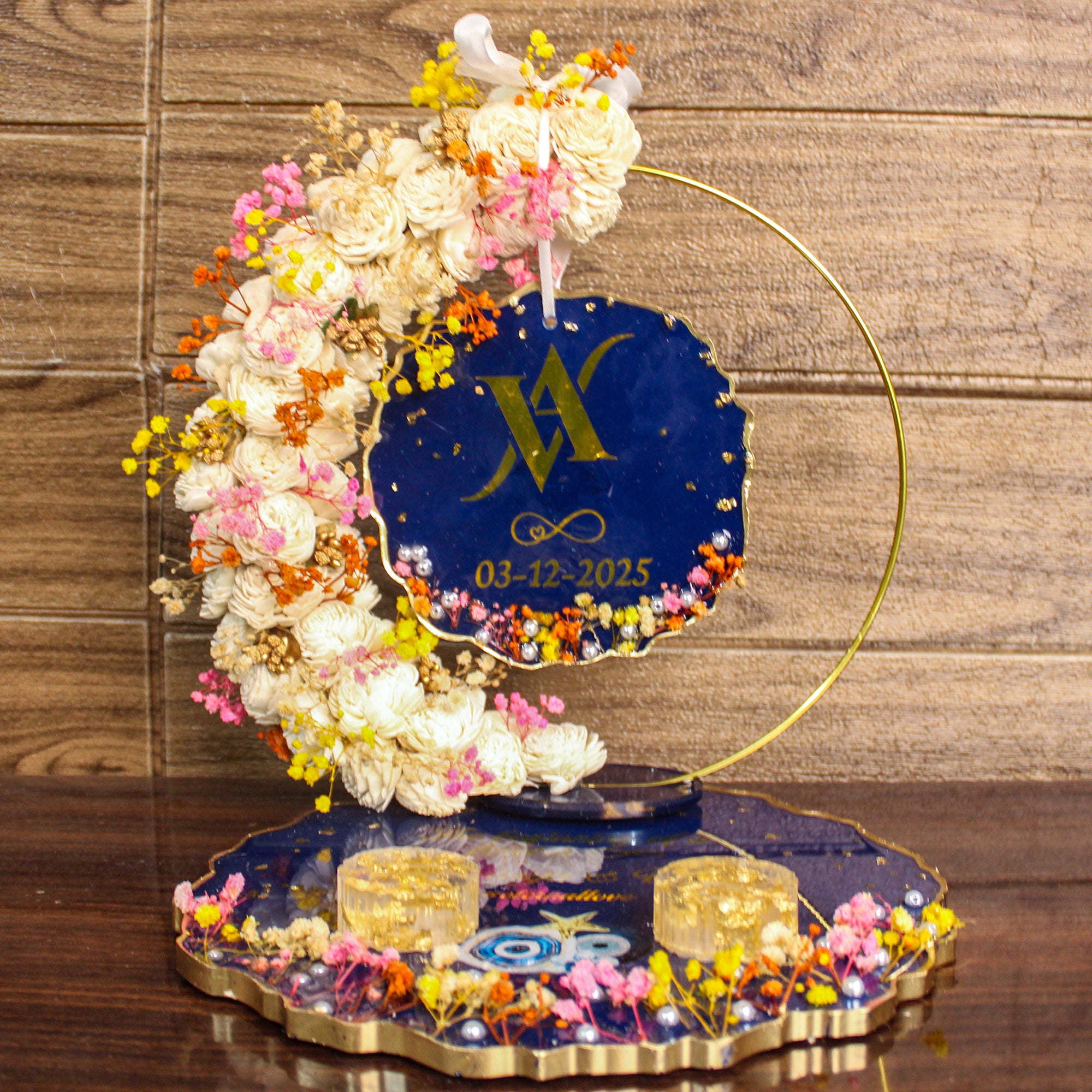 Rezica™ Royal Resin (Navy Blossom ) Engagement Ring Platter with 2 Premium Ring Boxes and Heavy Flower Hoop