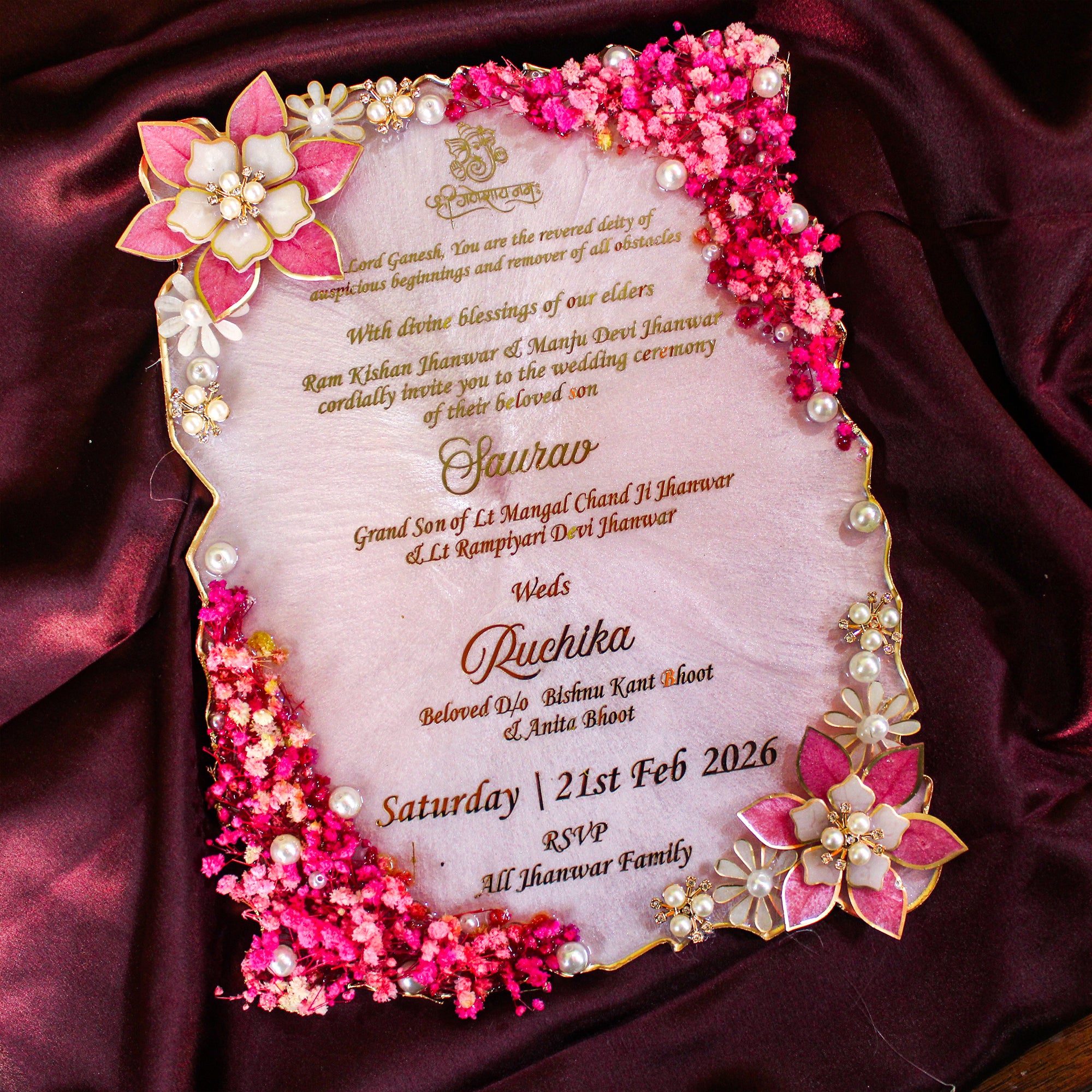 Petals & Promises- Royal Resin Wedding card for First Invitation- 9x12 Inches