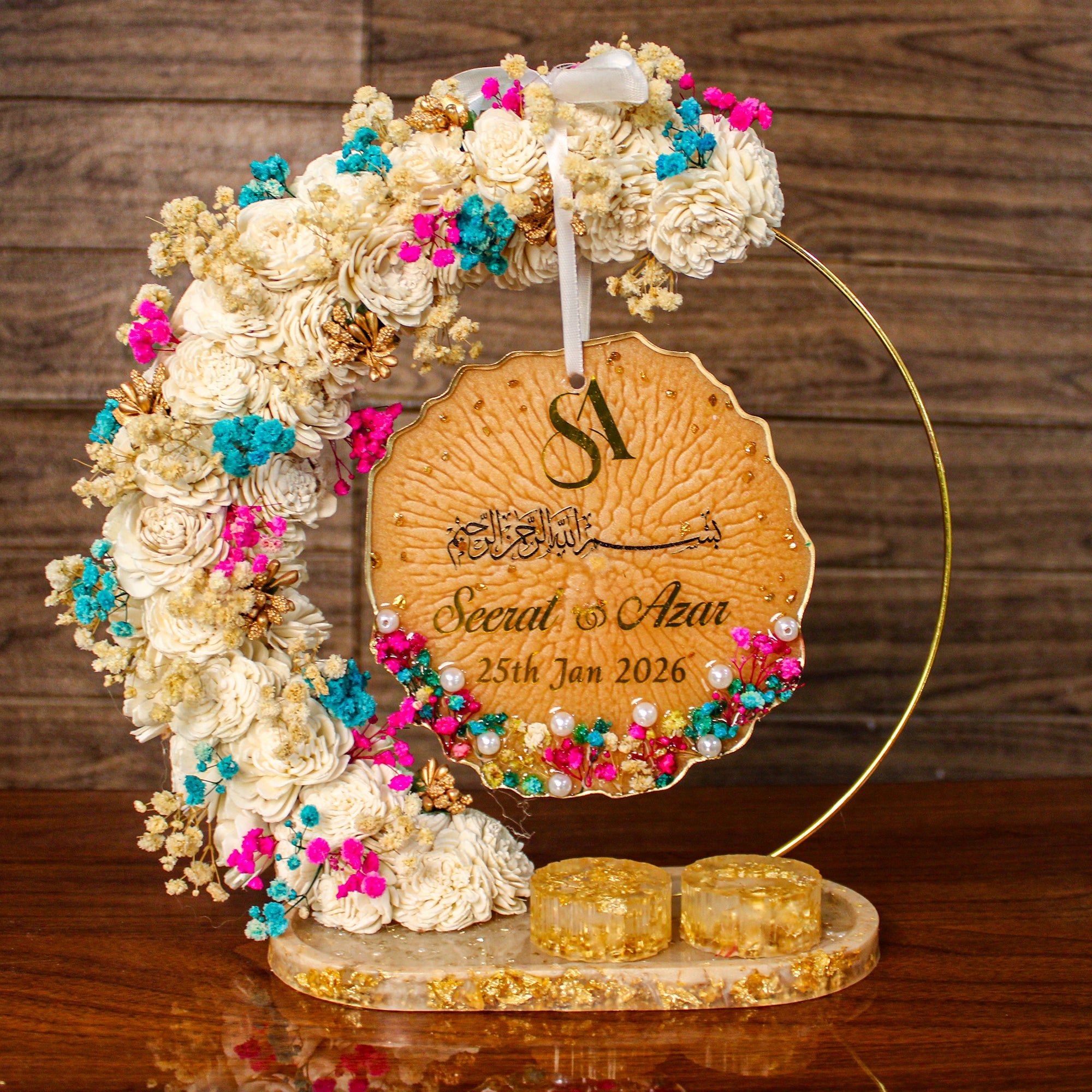 Rezica™ Royal Resin (Biege Glow) Wedding Engagement Half Hoop Ring Platter with 2 Premium Ring Boxes made with Real Dry Flowers