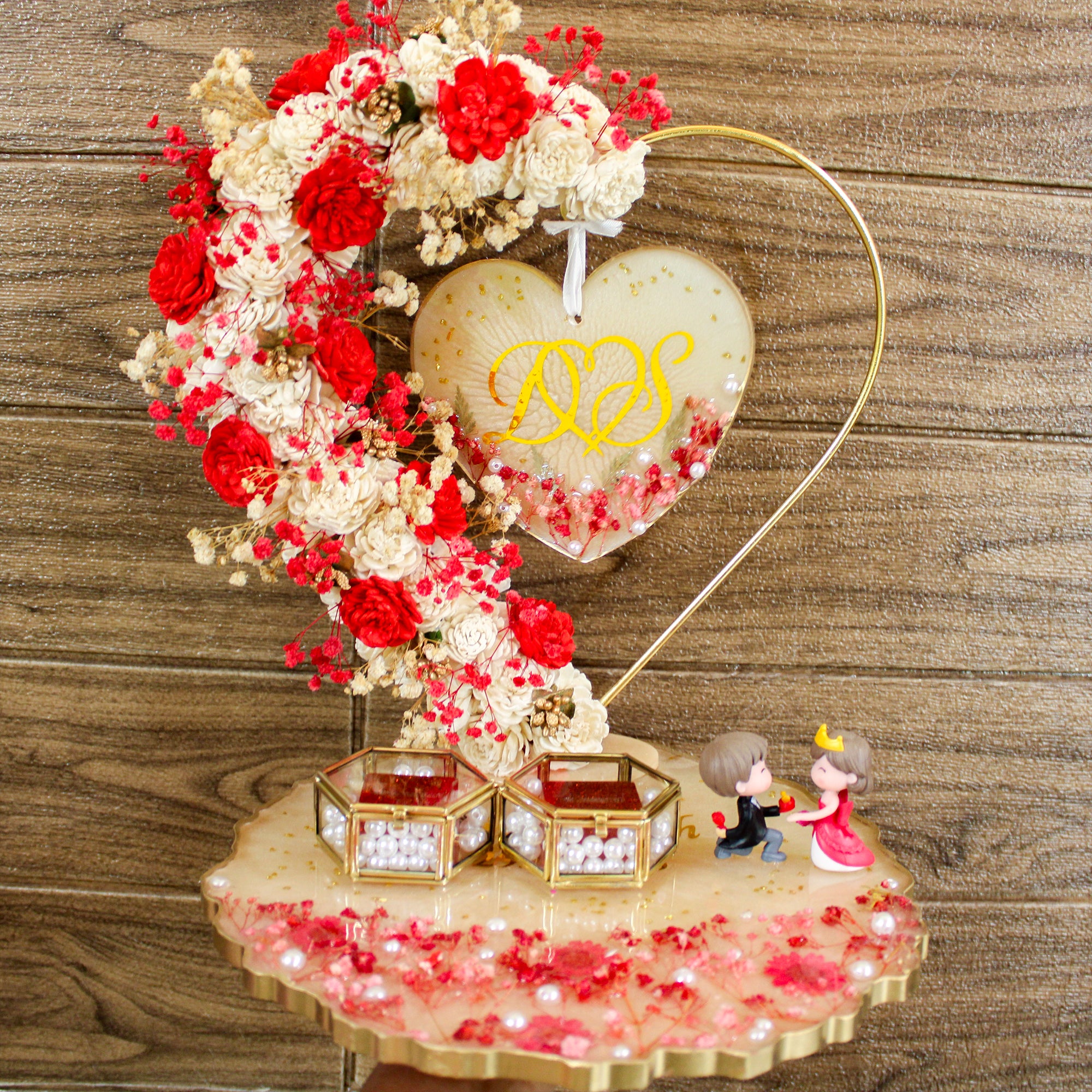 Rezica™ Royal Resin (Heart of Vows) Engagement Ring Platter with 2 Premium Ring Boxes and Heavy Flower Hoop (Heart Shaped Hoop)
