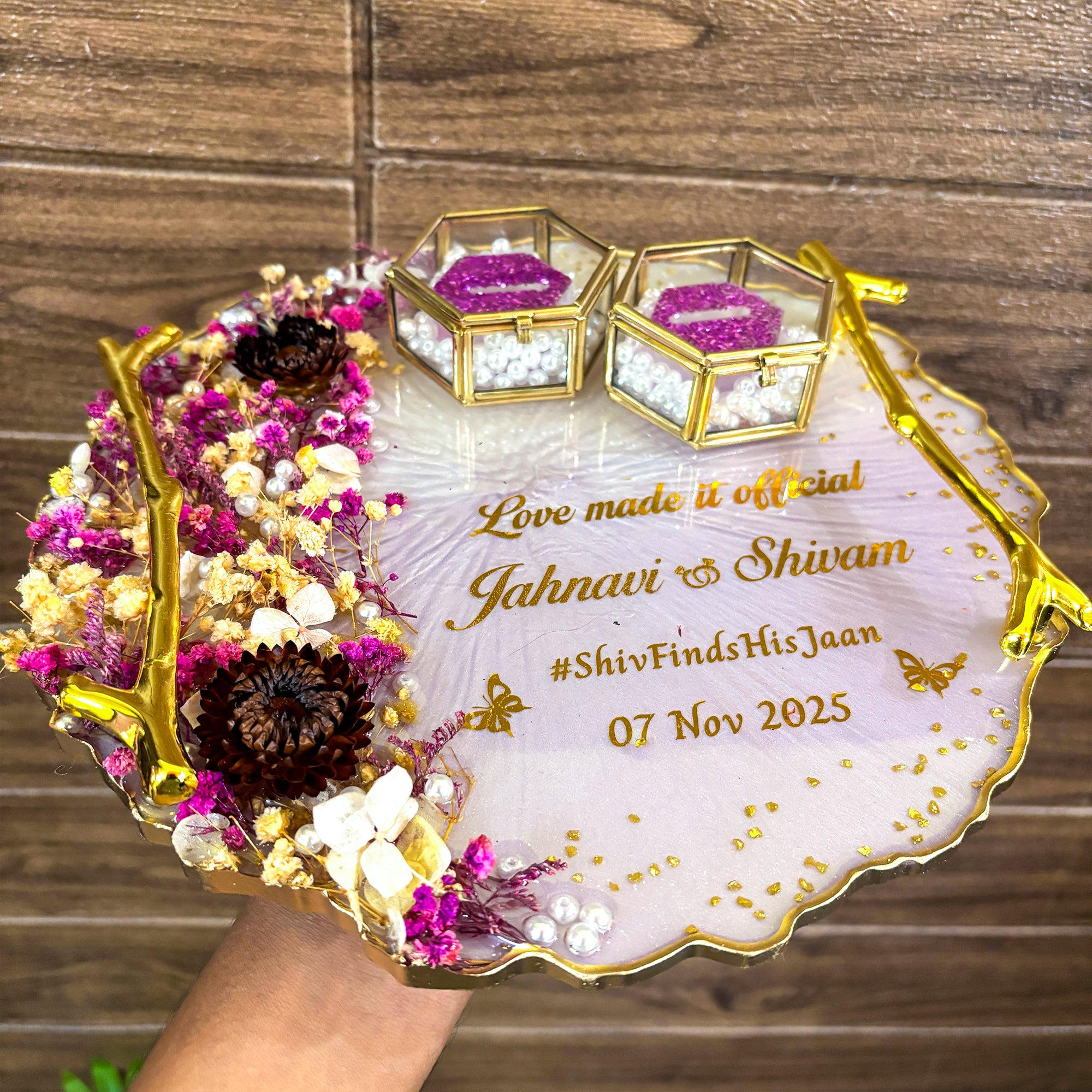 Rezica™ Royal Resin (Lavender Whisper) Wedding Engagement Ring Platter with 2 Premium Ring Boxes made with Real Dry Flowers