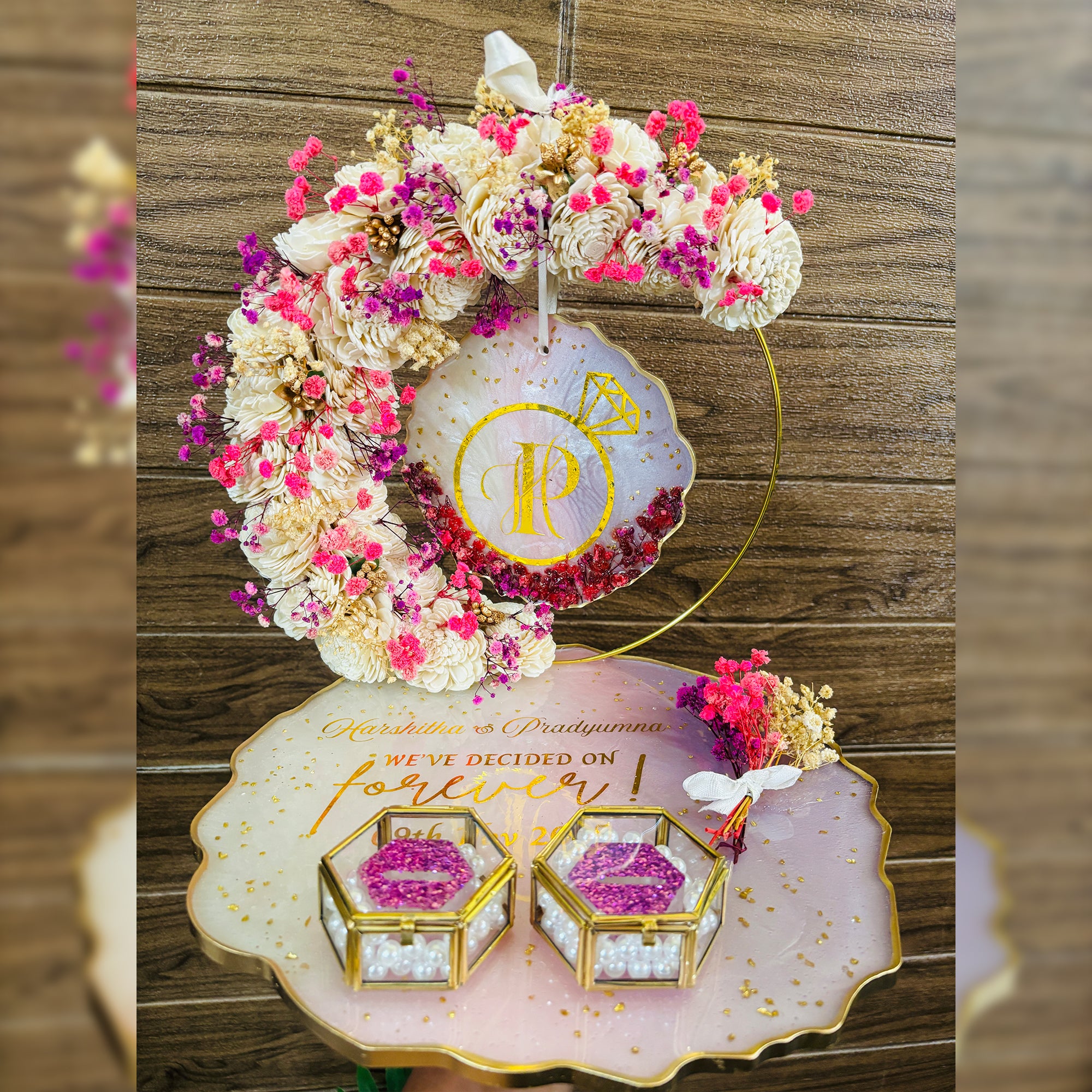 Rezica™ Royal Resin (Royal Hot Pink & Purple) Engagement Ring Platter with 2 Premium Ring Boxes and Heavy Flower Hoop