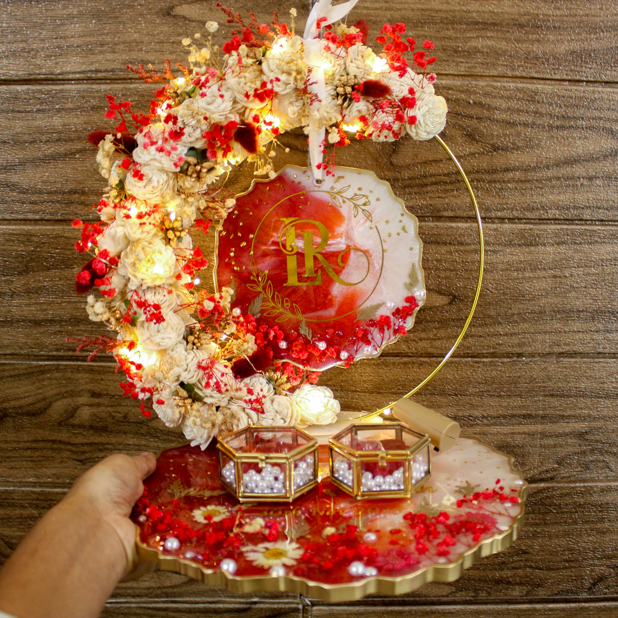 Rezica™ Royal Resin (Burgundy Heritage ) Engagement Ring Platter with 2 Premium Ring Boxes and Heavy Flower Hoop